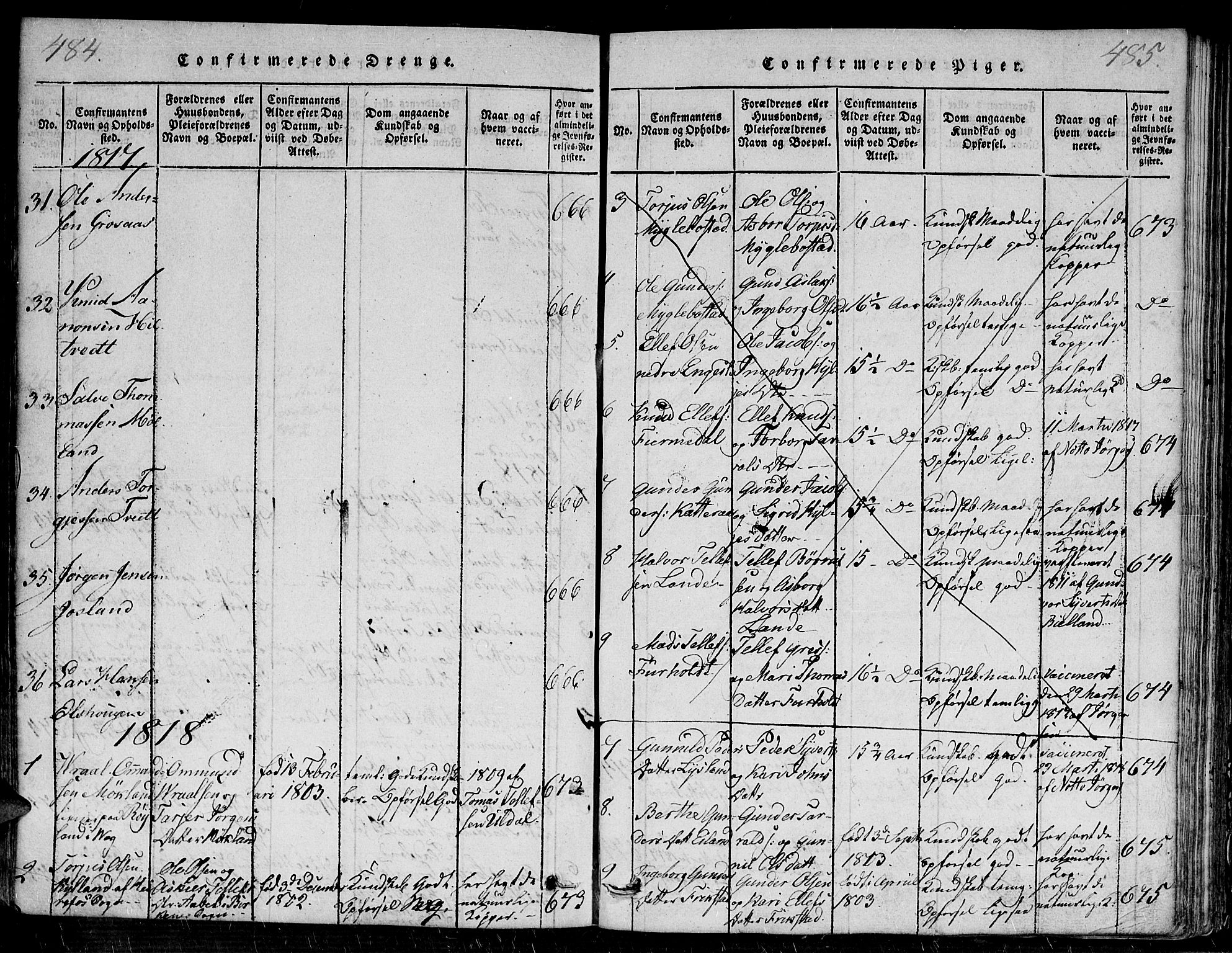 Evje sokneprestkontor, SAK/1111-0008/F/Fa/Faa/L0004: Parish register (official) no. A 4, 1816-1840, p. 484-485