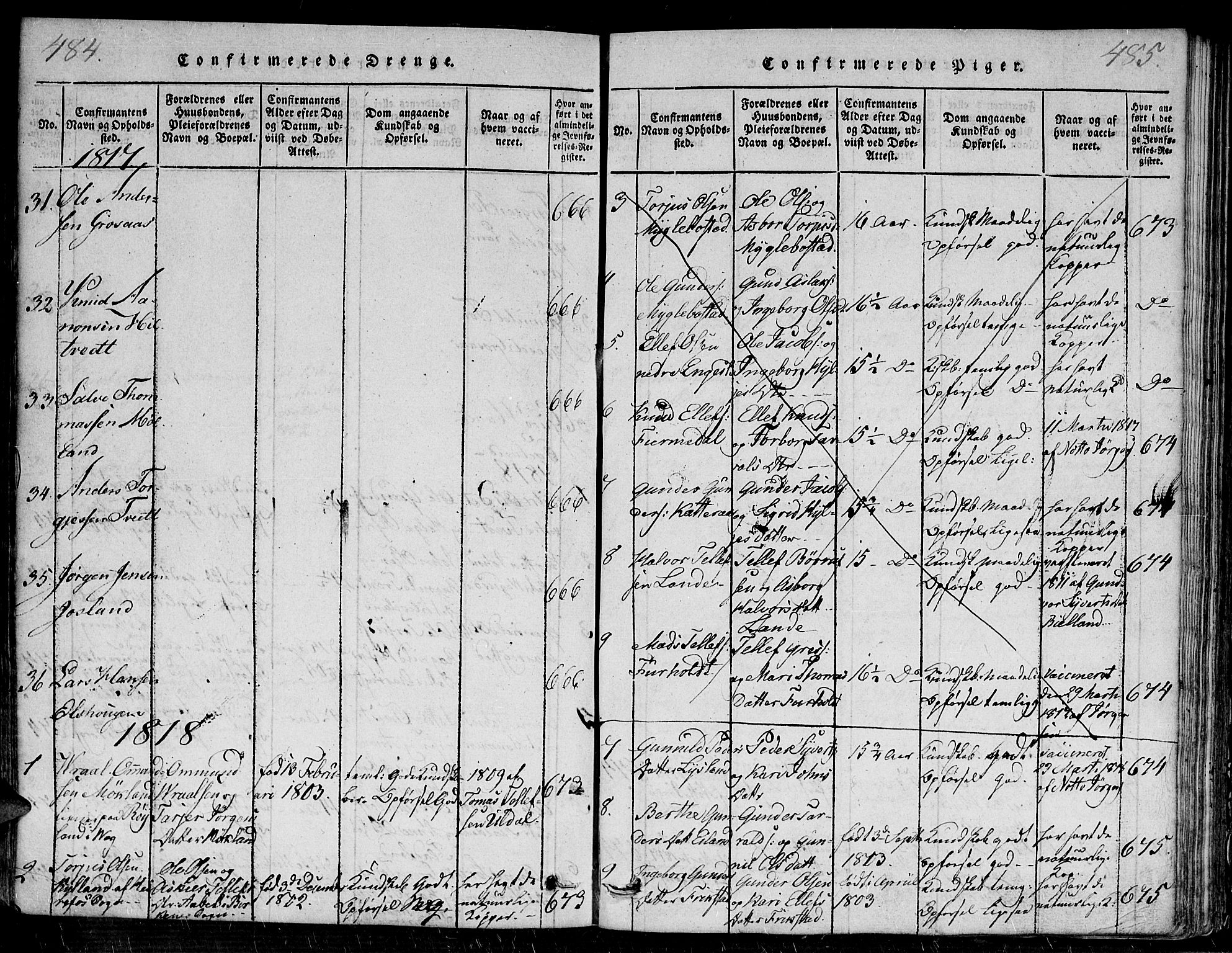 Evje sokneprestkontor, AV/SAK-1111-0008/F/Fa/Faa/L0004: Parish register (official) no. A 4, 1816-1840, p. 484-485