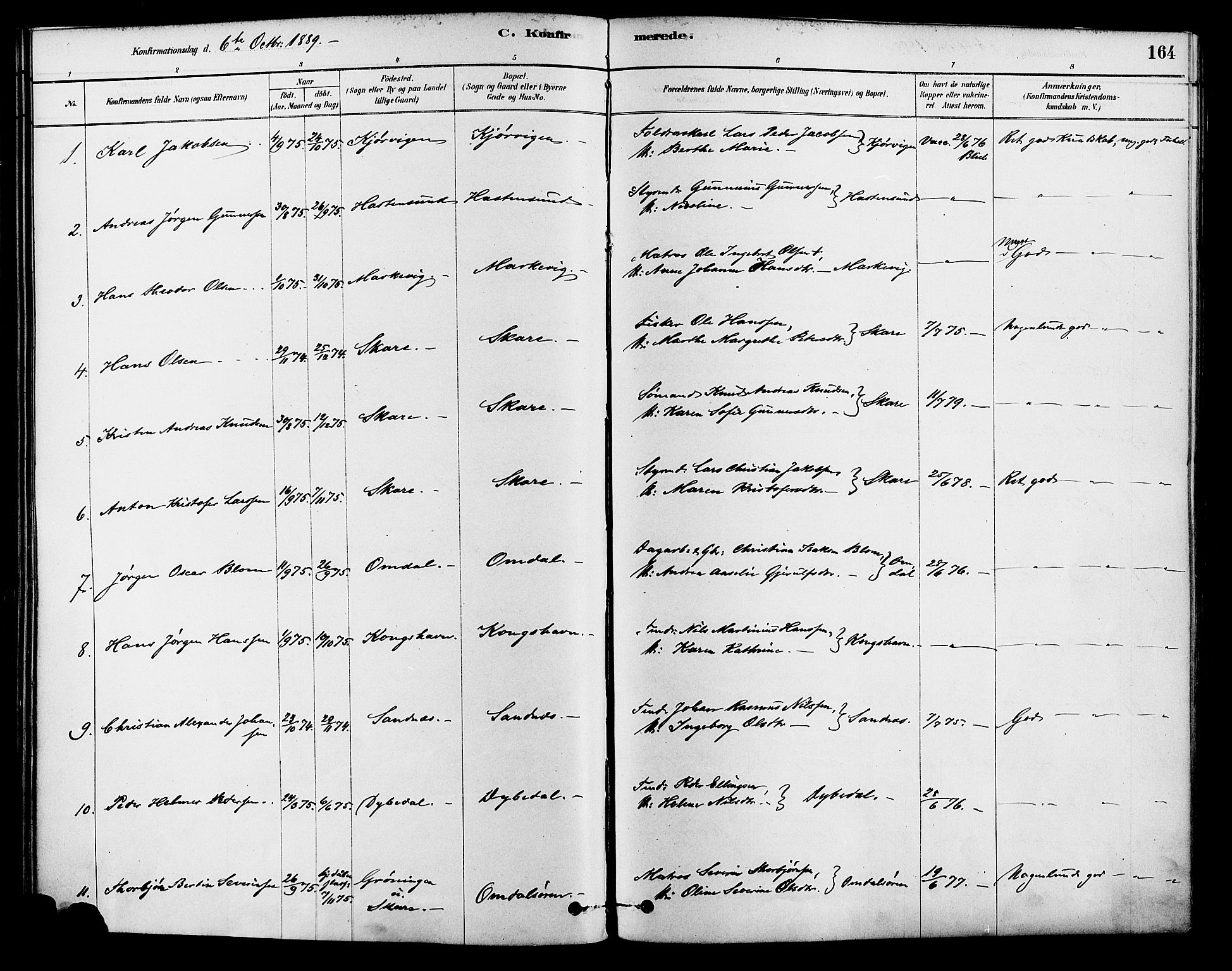 Tromøy sokneprestkontor, AV/SAK-1111-0041/F/Fa/L0009: Parish register (official) no. A 9, 1878-1896, p. 164