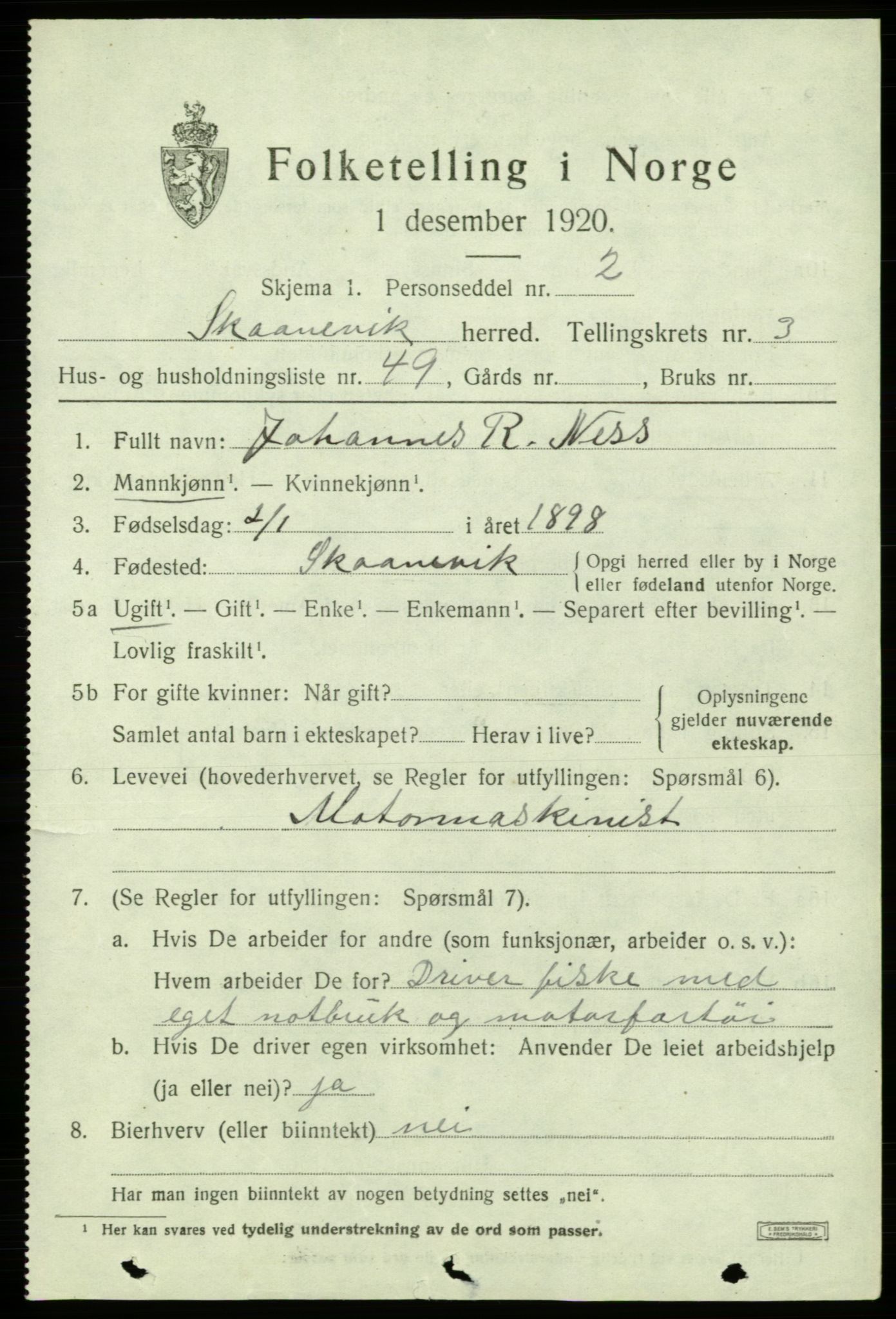 SAB, 1920 census for Skånevik, 1920, p. 3303