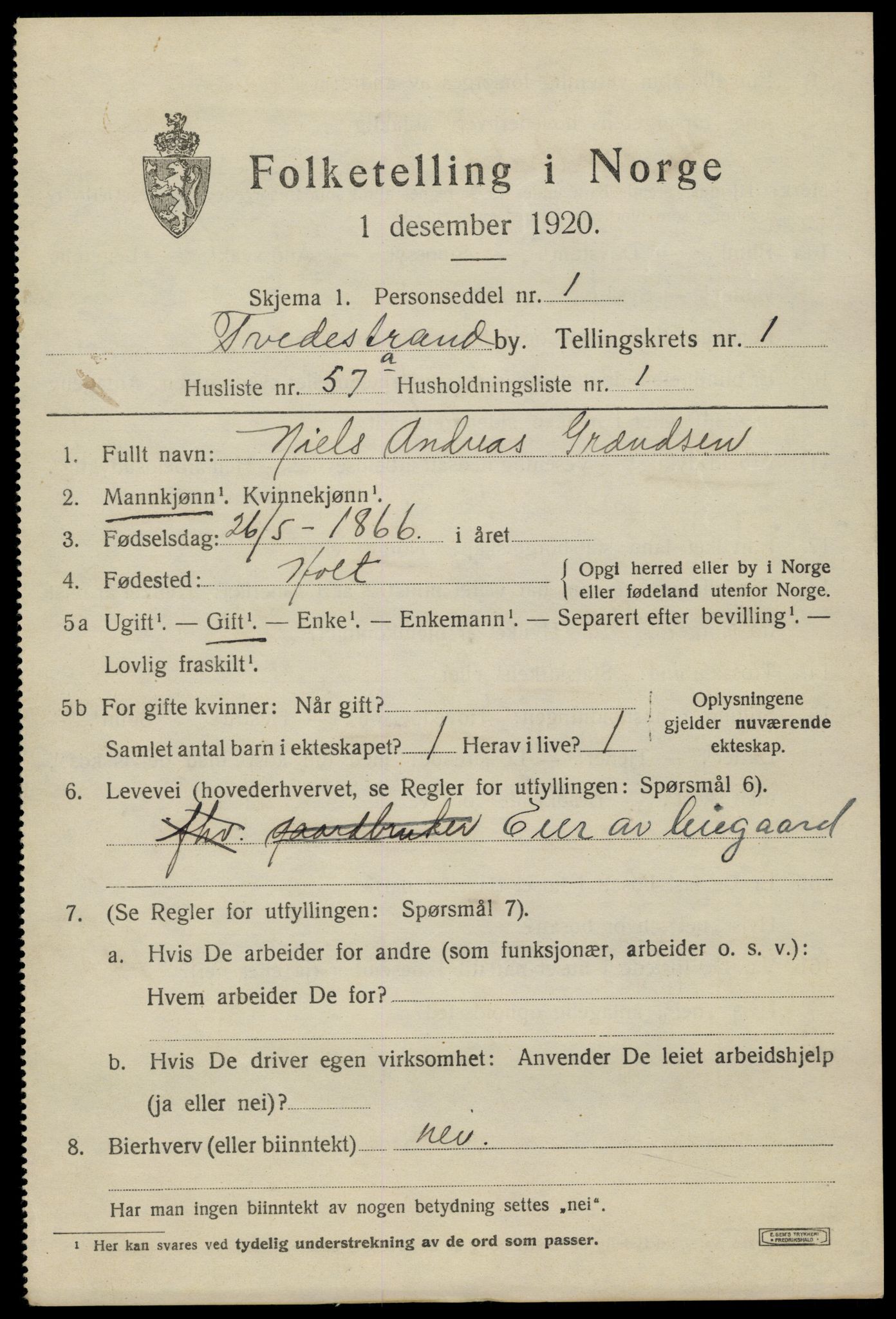 SAK, 1920 census for Tvedestrand, 1920, p. 1963