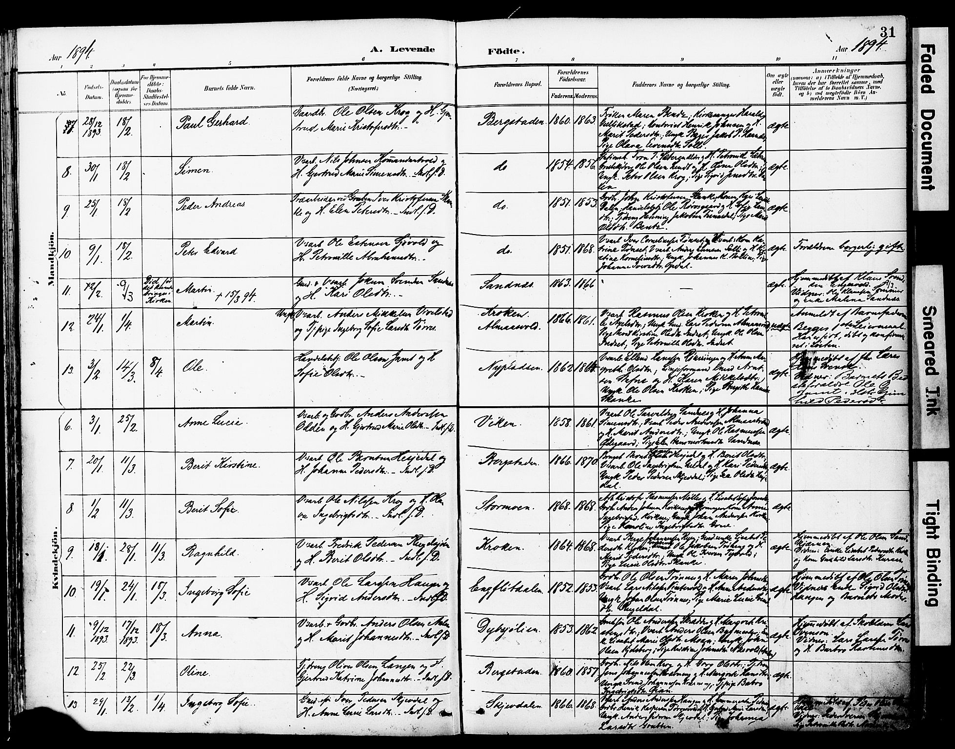 Ministerialprotokoller, klokkerbøker og fødselsregistre - Sør-Trøndelag, SAT/A-1456/681/L0935: Parish register (official) no. 681A13, 1890-1898, p. 31