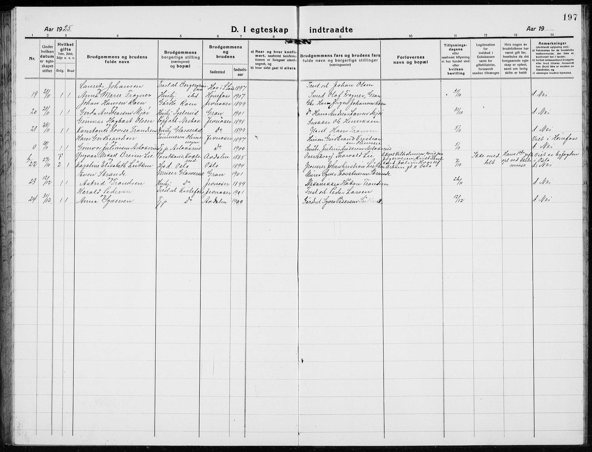 Jevnaker prestekontor, SAH/PREST-116/H/Ha/Hab/L0005: Parish register (copy) no. 5, 1919-1934, p. 197