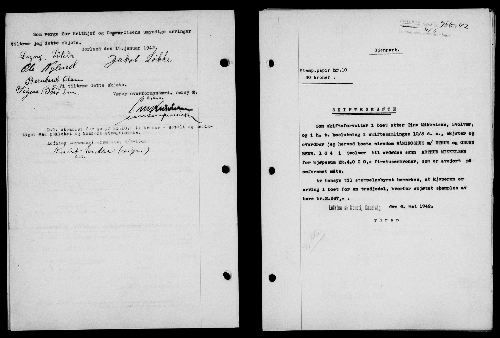 Lofoten sorenskriveri, SAT/A-0017/1/2/2C/L0009a: Mortgage book no. 9a, 1941-1942, Diary no: : 756/1942