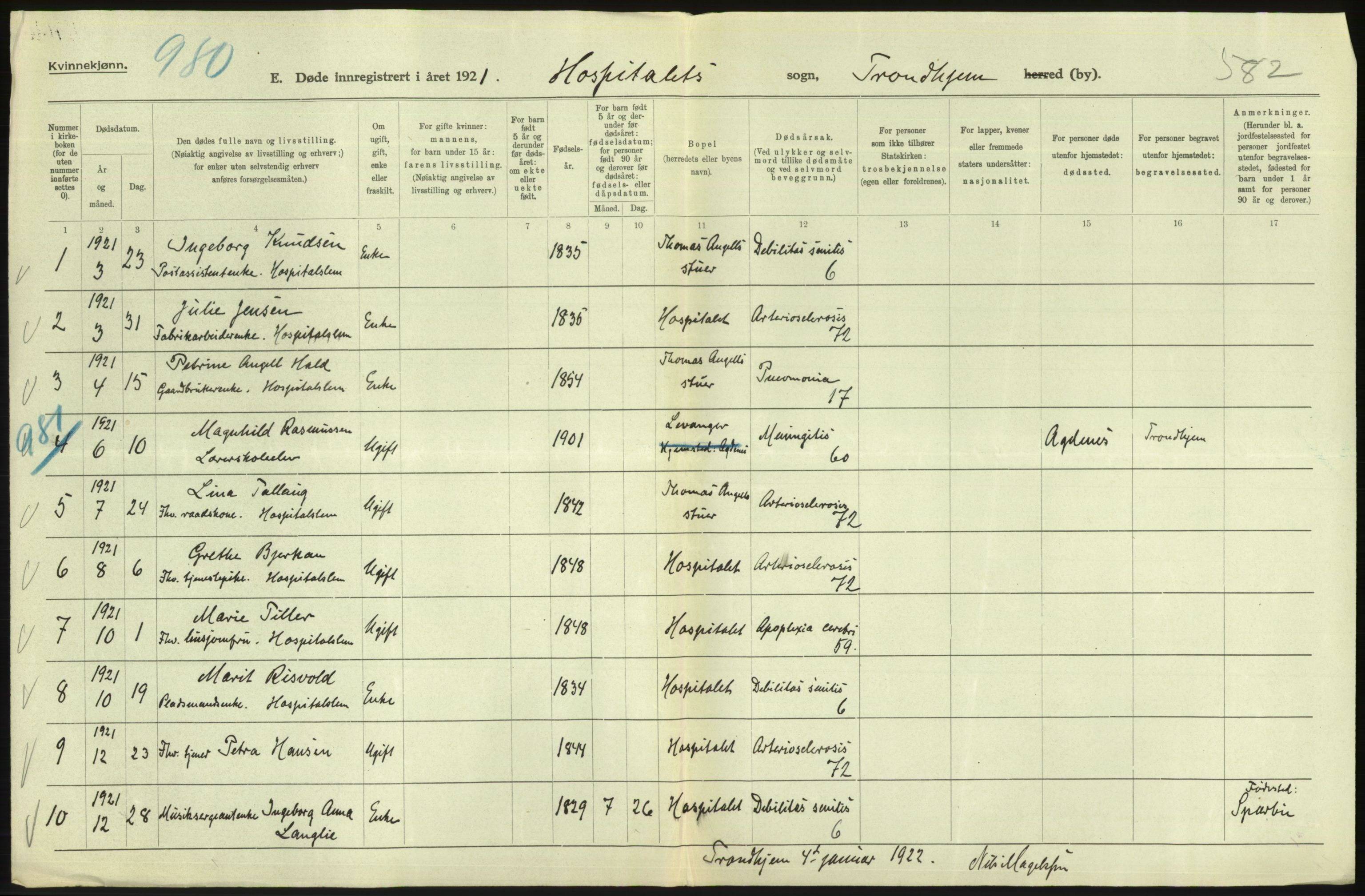 Statistisk sentralbyrå, Sosiodemografiske emner, Befolkning, AV/RA-S-2228/D/Df/Dfc/Dfca/L0046: Trondheim: Døde, dødfødte., 1921, p. 128