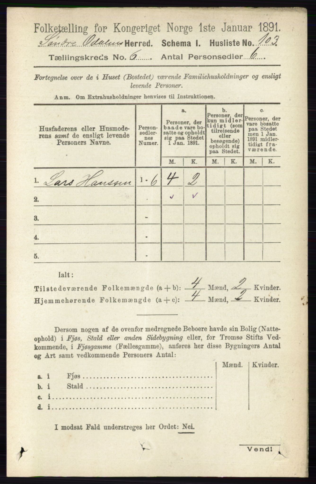 RA, 1891 census for 0419 Sør-Odal, 1891, p. 2791