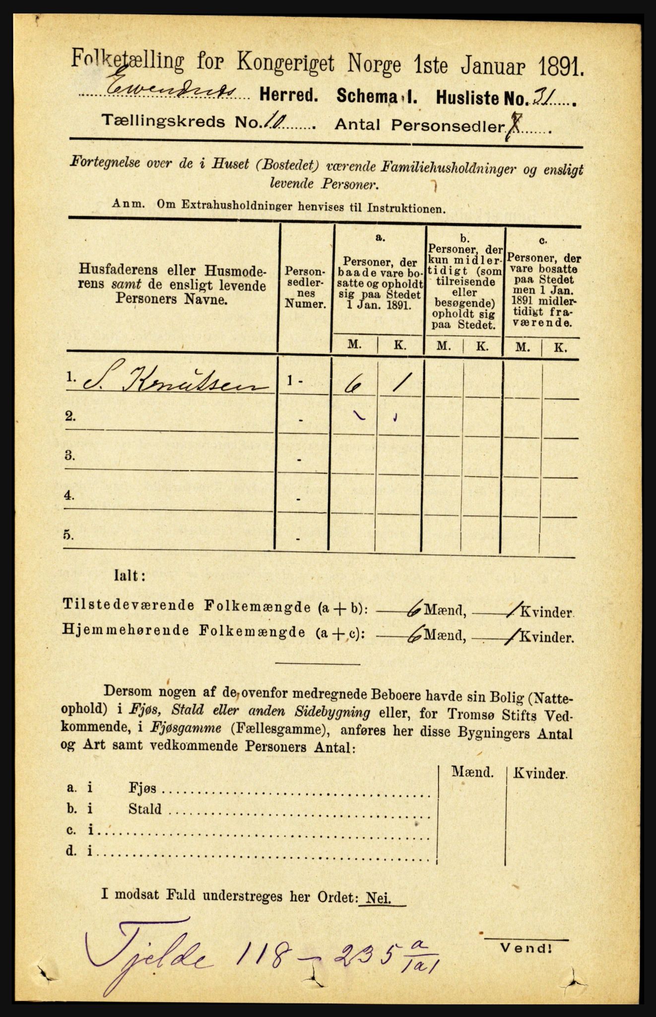 RA, 1891 census for 1853 Evenes, 1891, p. 3119