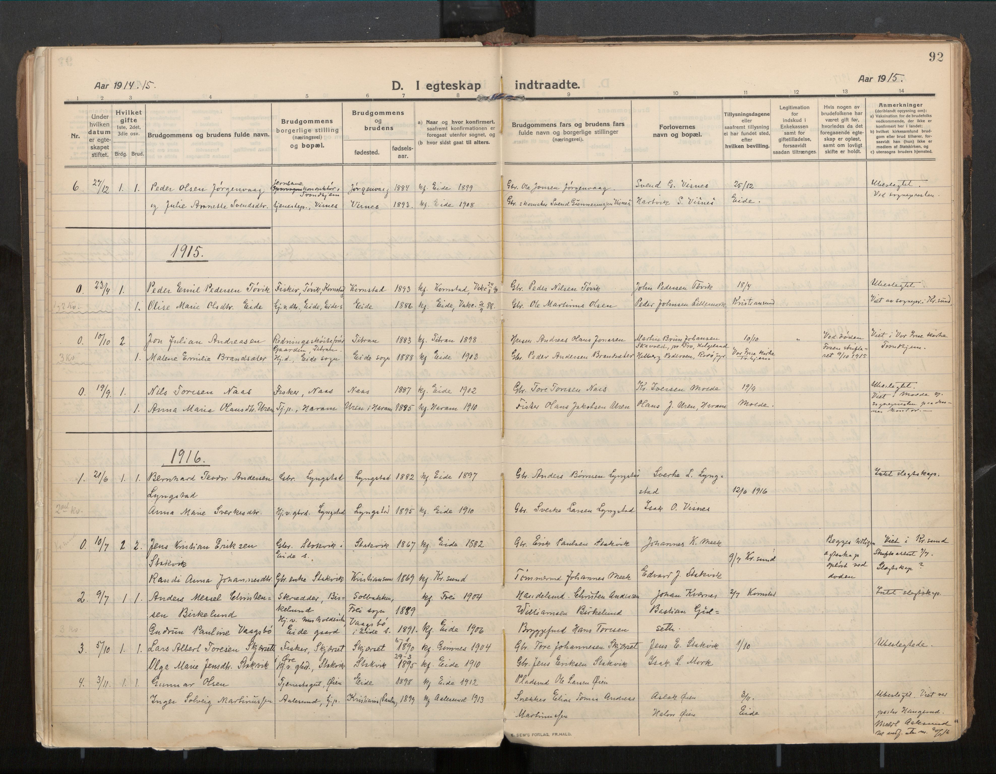Ministerialprotokoller, klokkerbøker og fødselsregistre - Møre og Romsdal, SAT/A-1454/571/L0836b: Parish register (official) no. 571A03, 1911-1926, p. 92