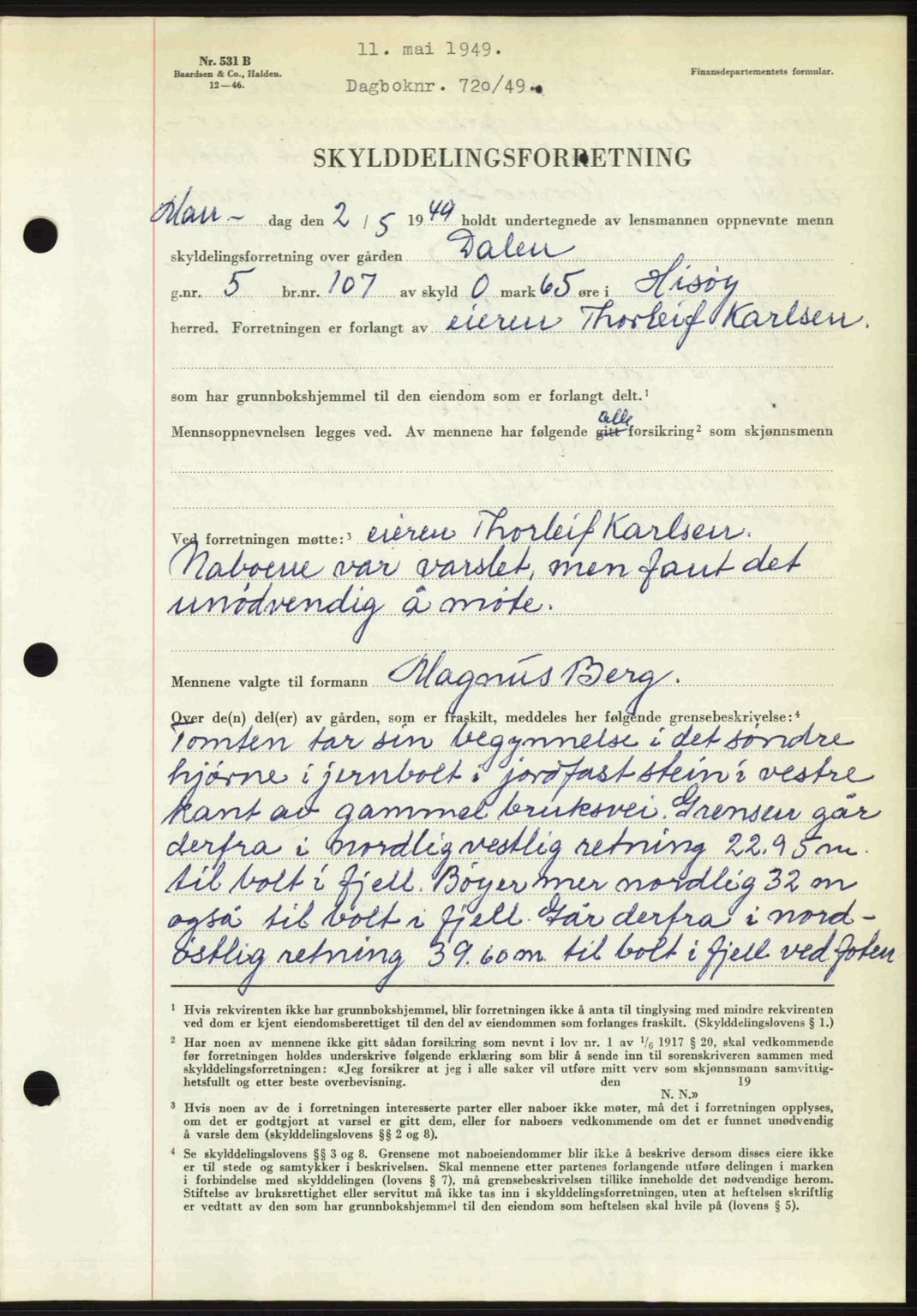 Nedenes sorenskriveri, SAK/1221-0006/G/Gb/Gba/L0060: Mortgage book no. A12, 1948-1949, Diary no: : 720/1949