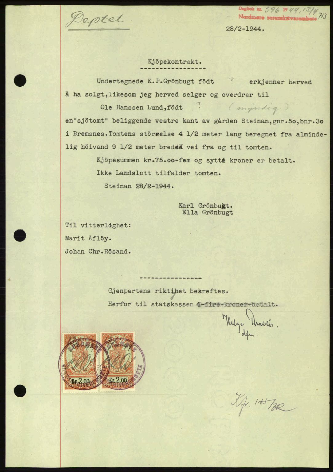 Nordmøre sorenskriveri, AV/SAT-A-4132/1/2/2Ca: Mortgage book no. B91, 1943-1944, Diary no: : 596/1944