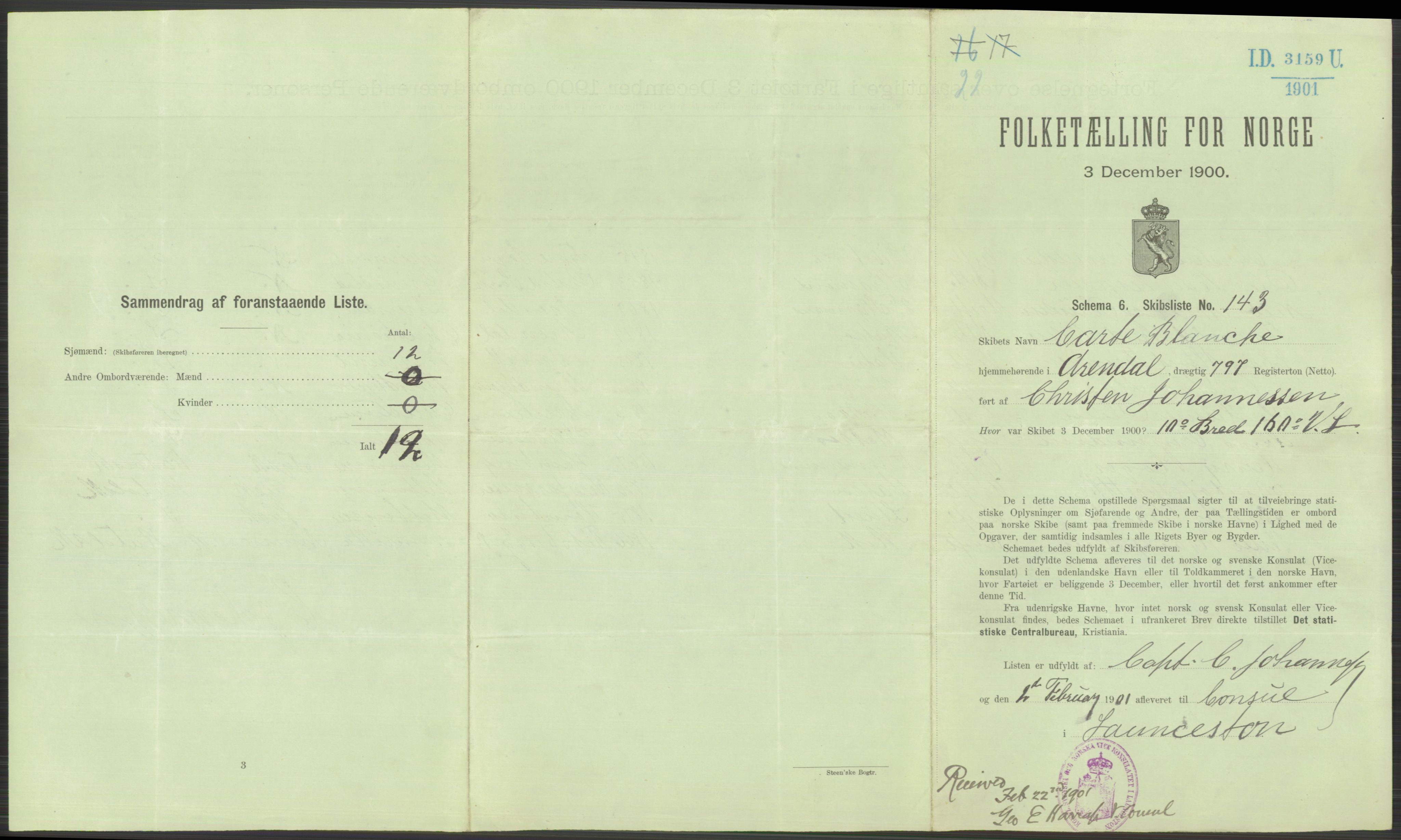 RA, 1900 Census - ship lists from ships in Norwegian harbours, harbours abroad and at sea, 1900, p. 6189