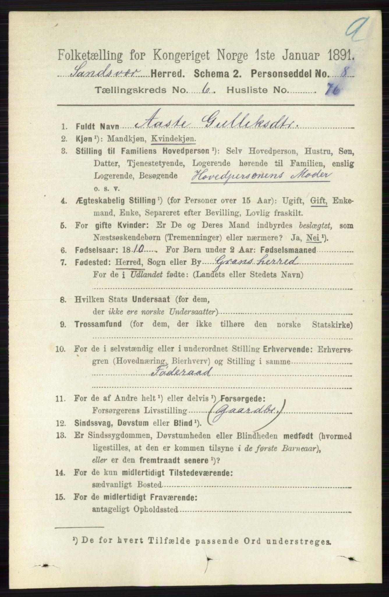 RA, 1891 census for 0629 Sandsvær, 1891, p. 3887