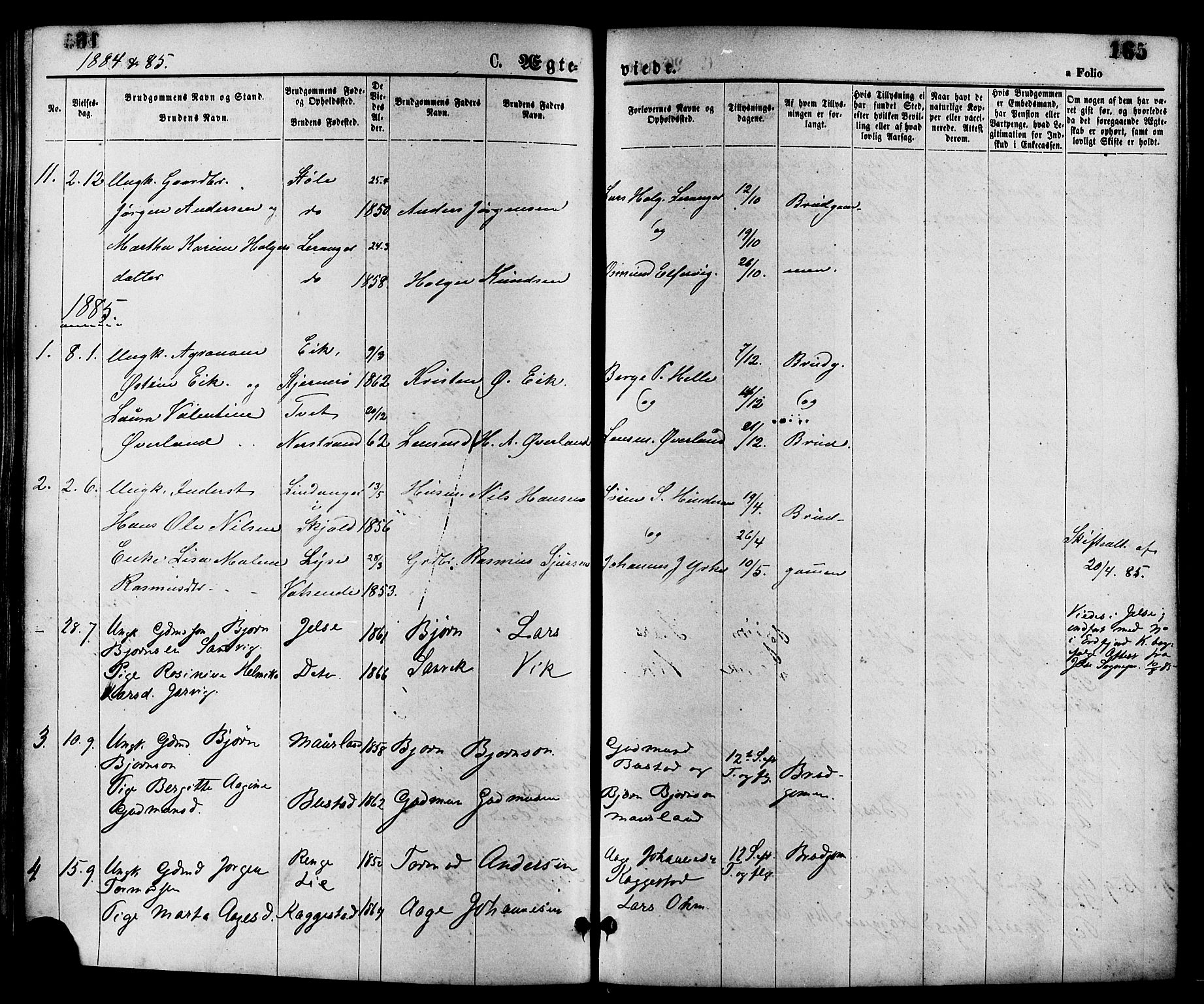 Nedstrand sokneprestkontor, SAST/A-101841/01/IV: Parish register (official) no. A 11, 1877-1887, p. 165