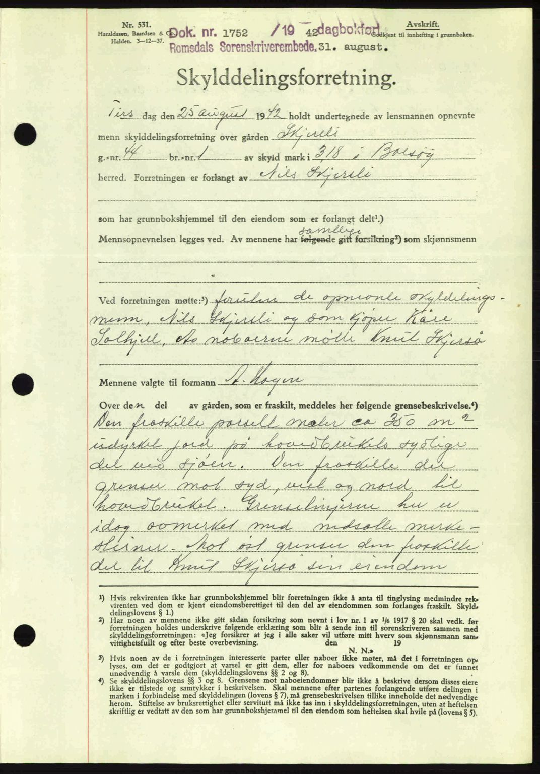 Romsdal sorenskriveri, AV/SAT-A-4149/1/2/2C: Mortgage book no. A12, 1942-1942, Diary no: : 1752/1942