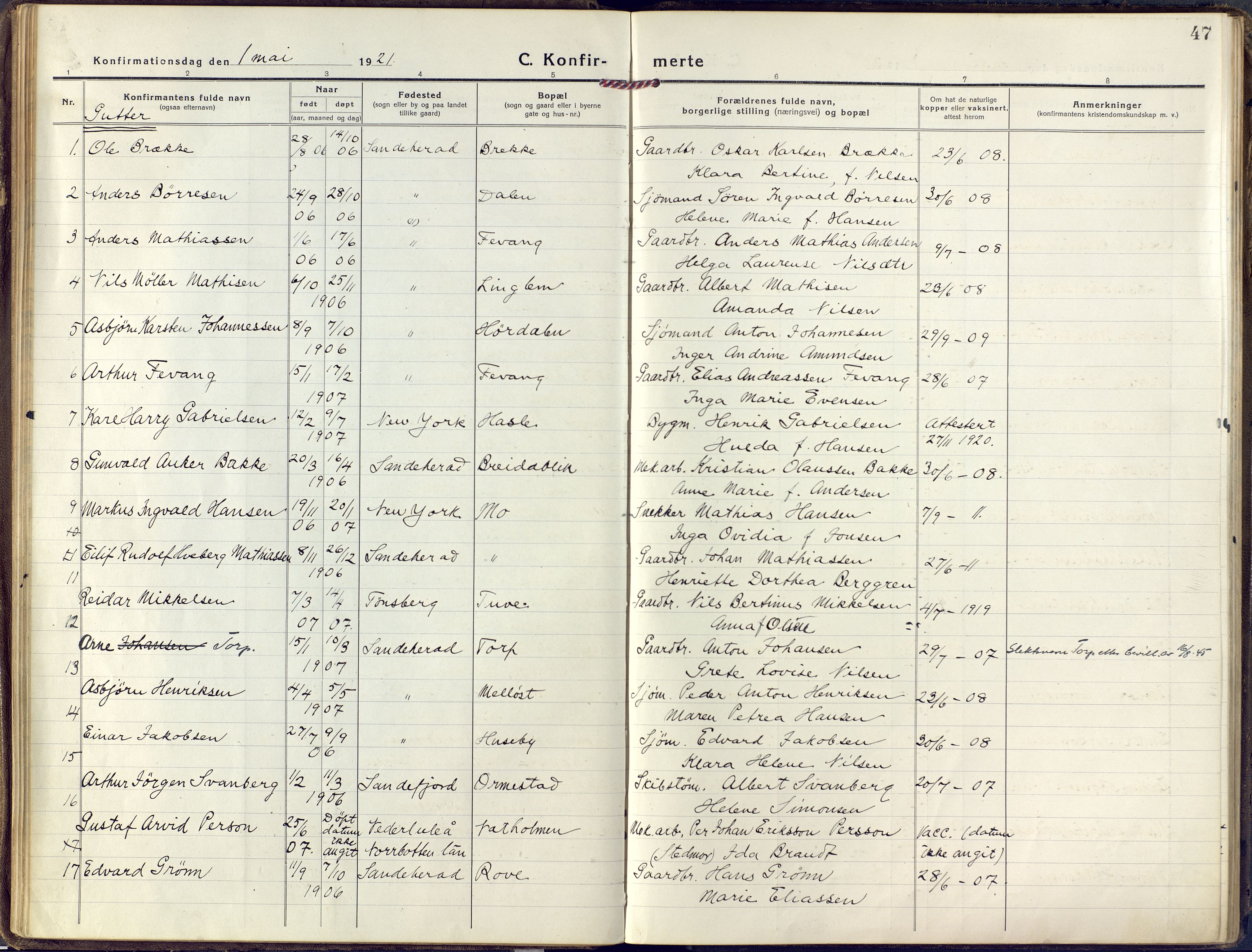 Sandar kirkebøker, SAKO/A-243/F/Fa/L0018: Parish register (official) no. 18, 1917-1926, p. 47