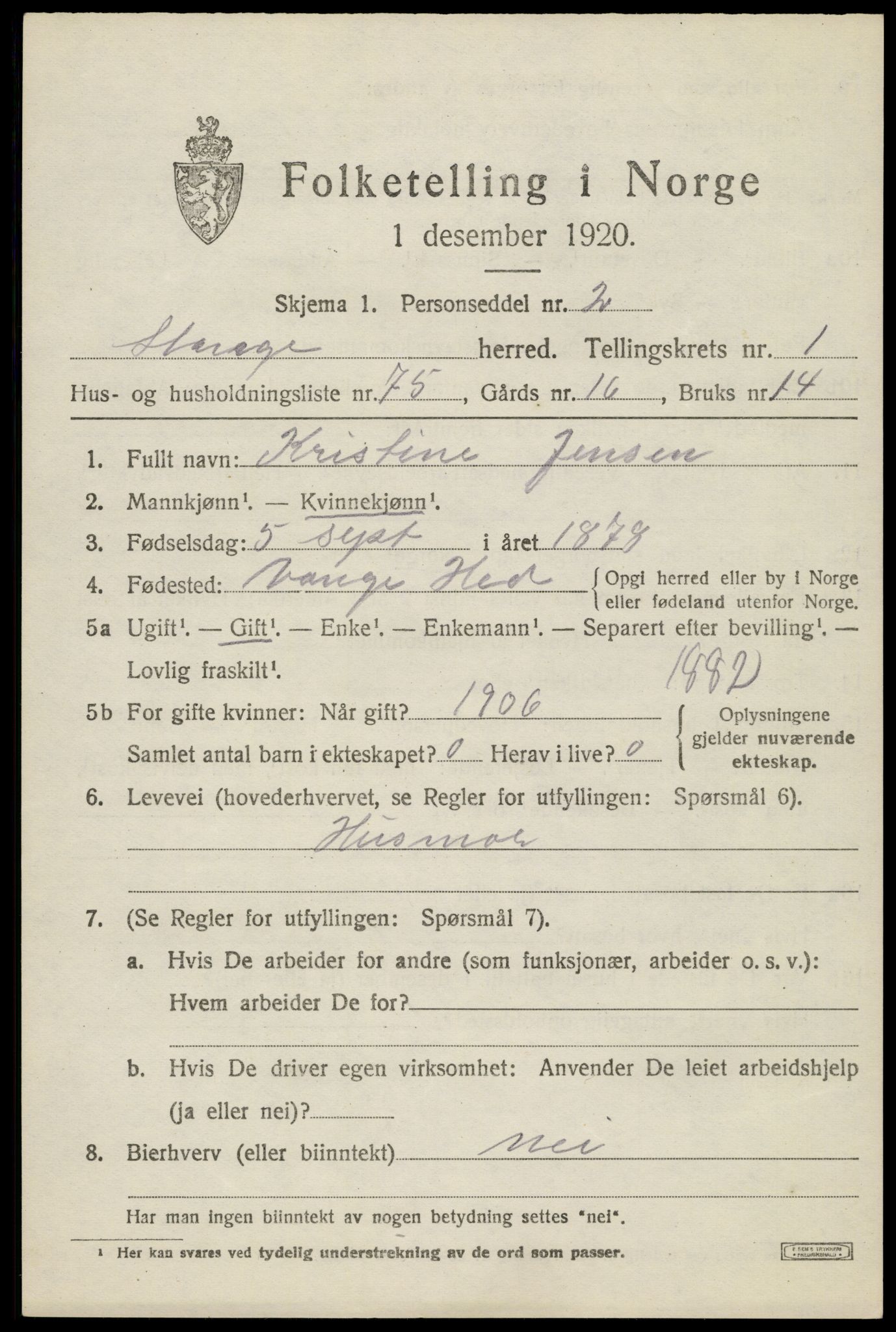 SAH, 1920 census for Stange, 1920, p. 3829