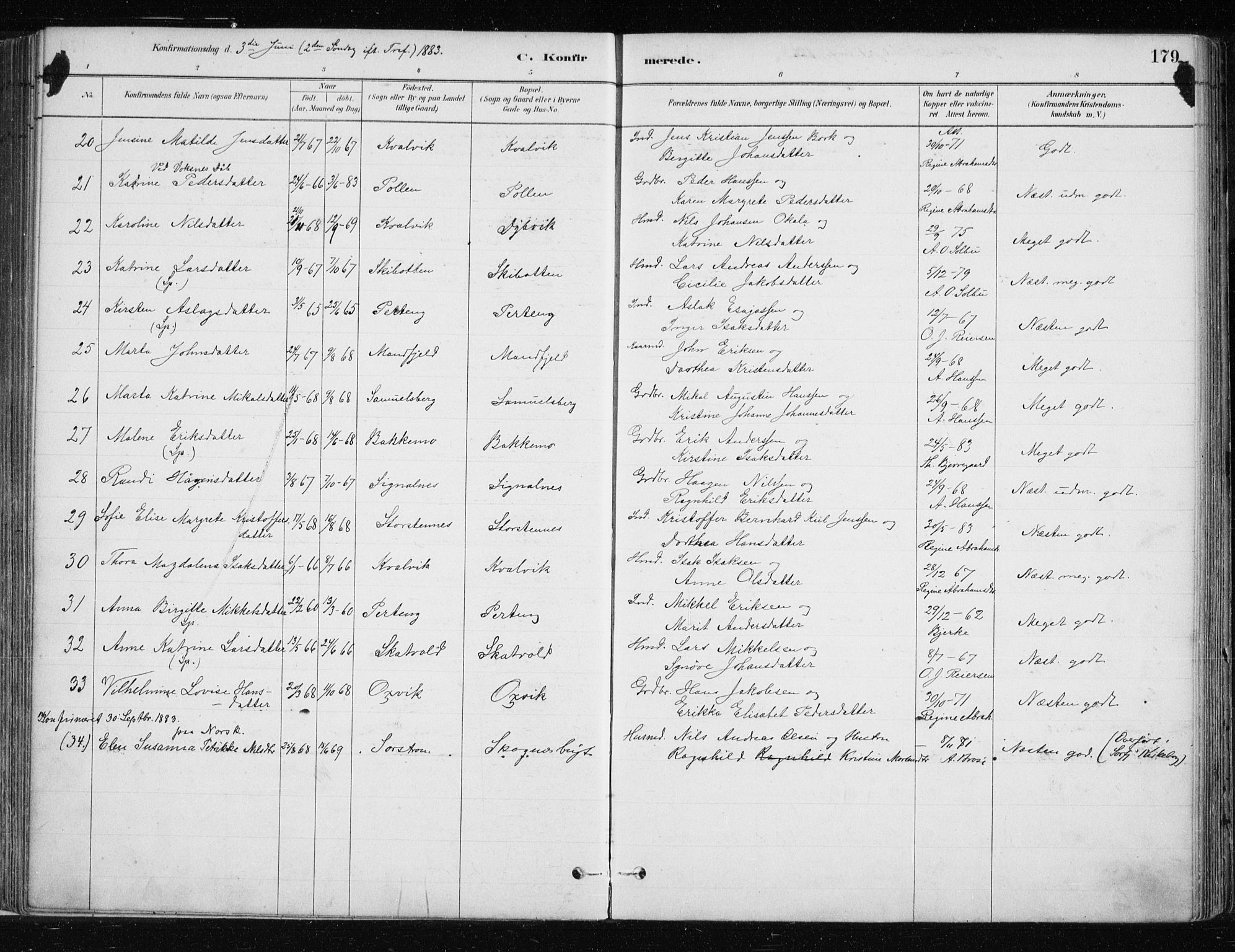 Lyngen sokneprestembete, AV/SATØ-S-1289/H/He/Hea/L0007kirke: Parish register (official) no. 7, 1879-1890, p. 179