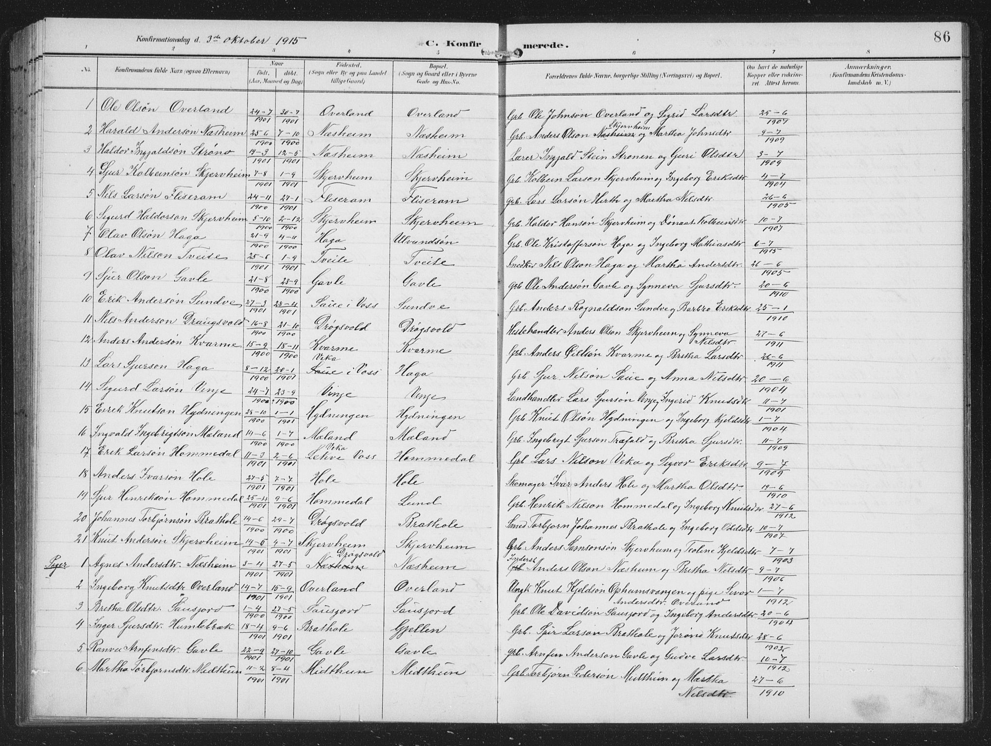 Vossestrand Sokneprestembete, SAB/A-79101/H/Hab: Parish register (copy) no. B 4, 1894-1941, p. 86