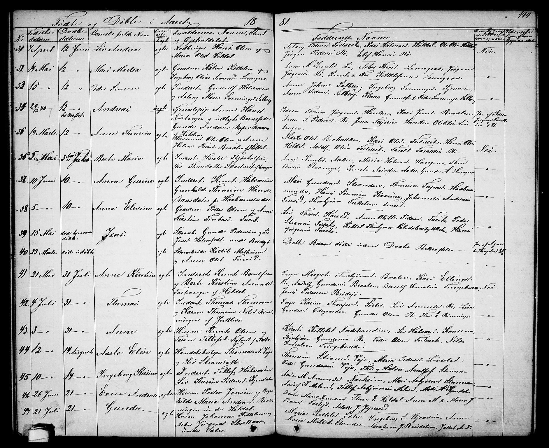 Drangedal kirkebøker, SAKO/A-258/G/Ga/L0002: Parish register (copy) no. I 2, 1856-1887, p. 144