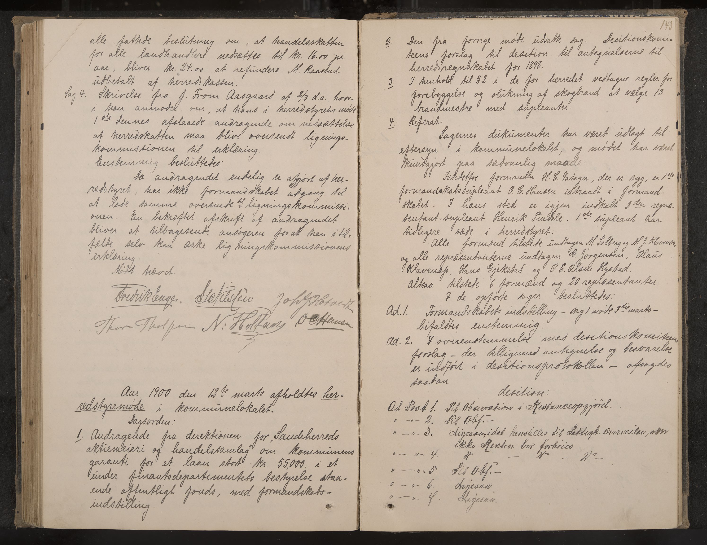 Sandar formannskap og sentraladministrasjon, IKAK/0724021/A/Aa/L0002: Møtebok, 1895-1900, p. 143