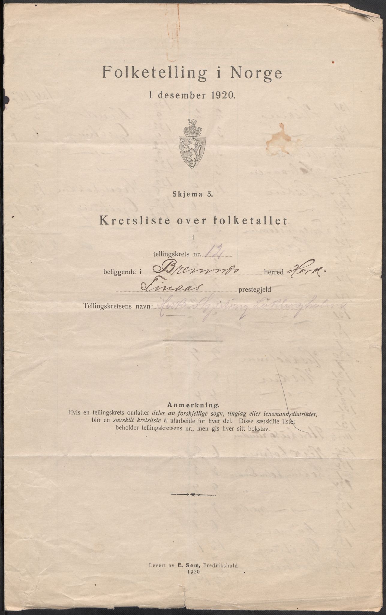 SAB, 1920 census for Bremnes, 1920, p. 38