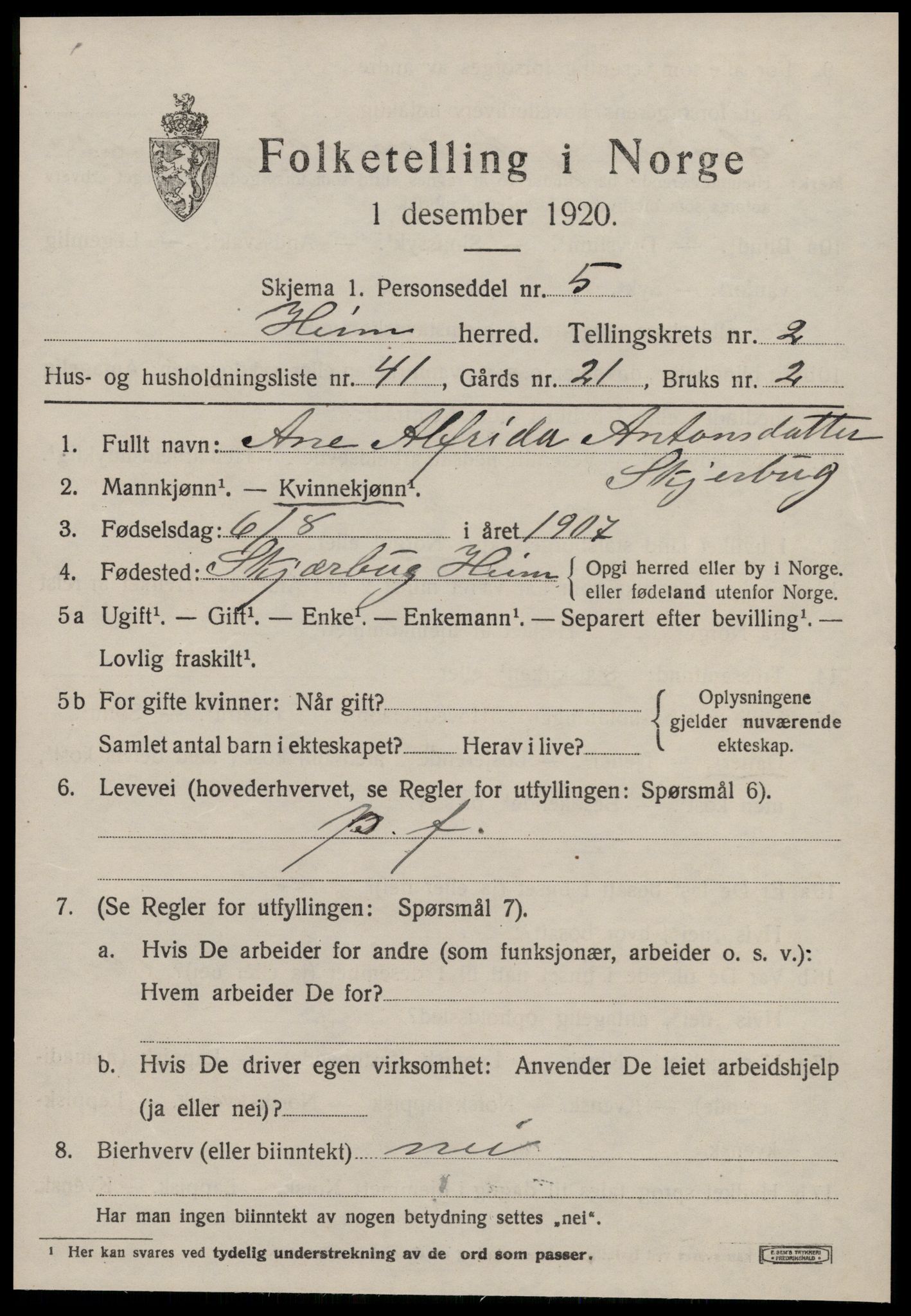 SAT, 1920 census for Heim, 1920, p. 1901