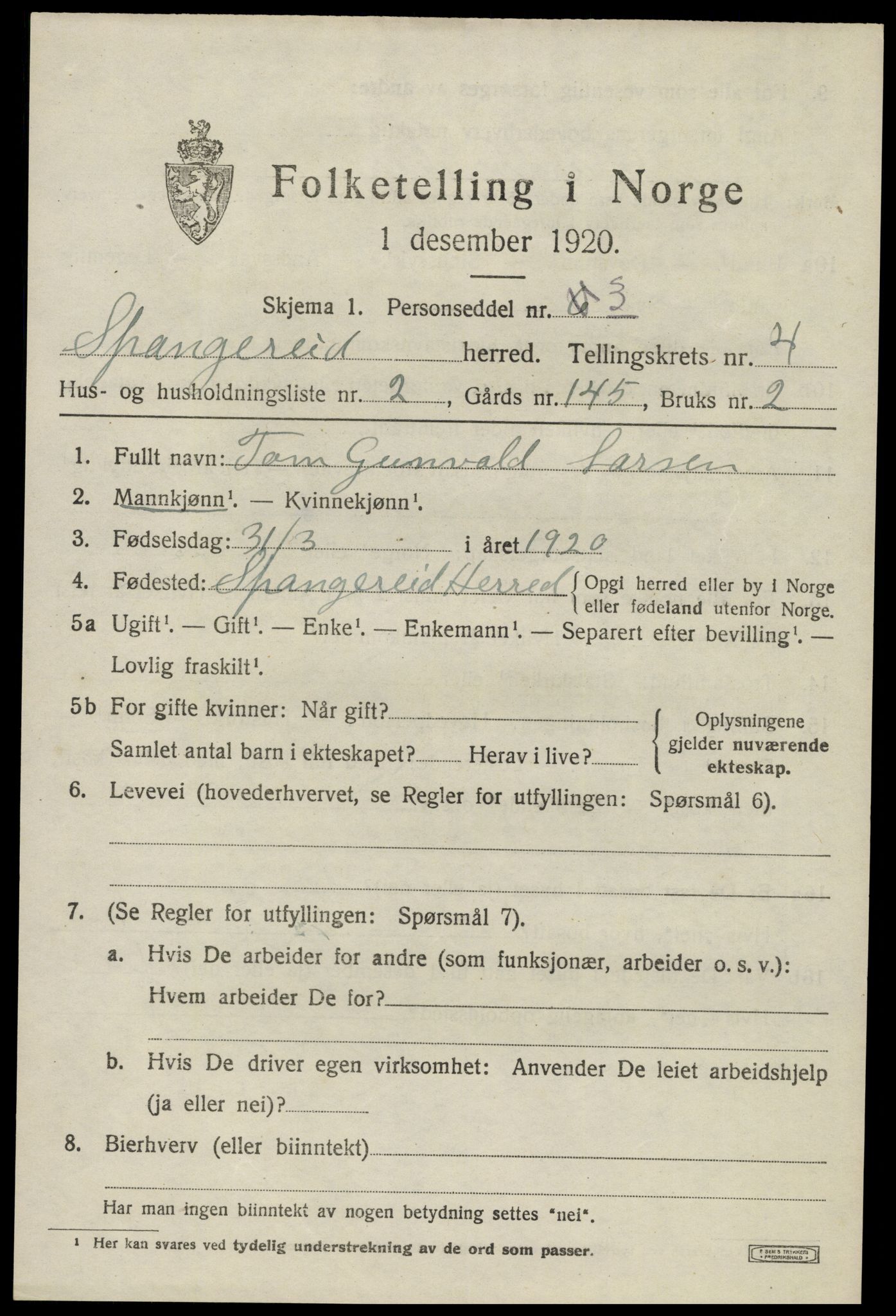 SAK, 1920 census for Spangereid, 1920, p. 1529