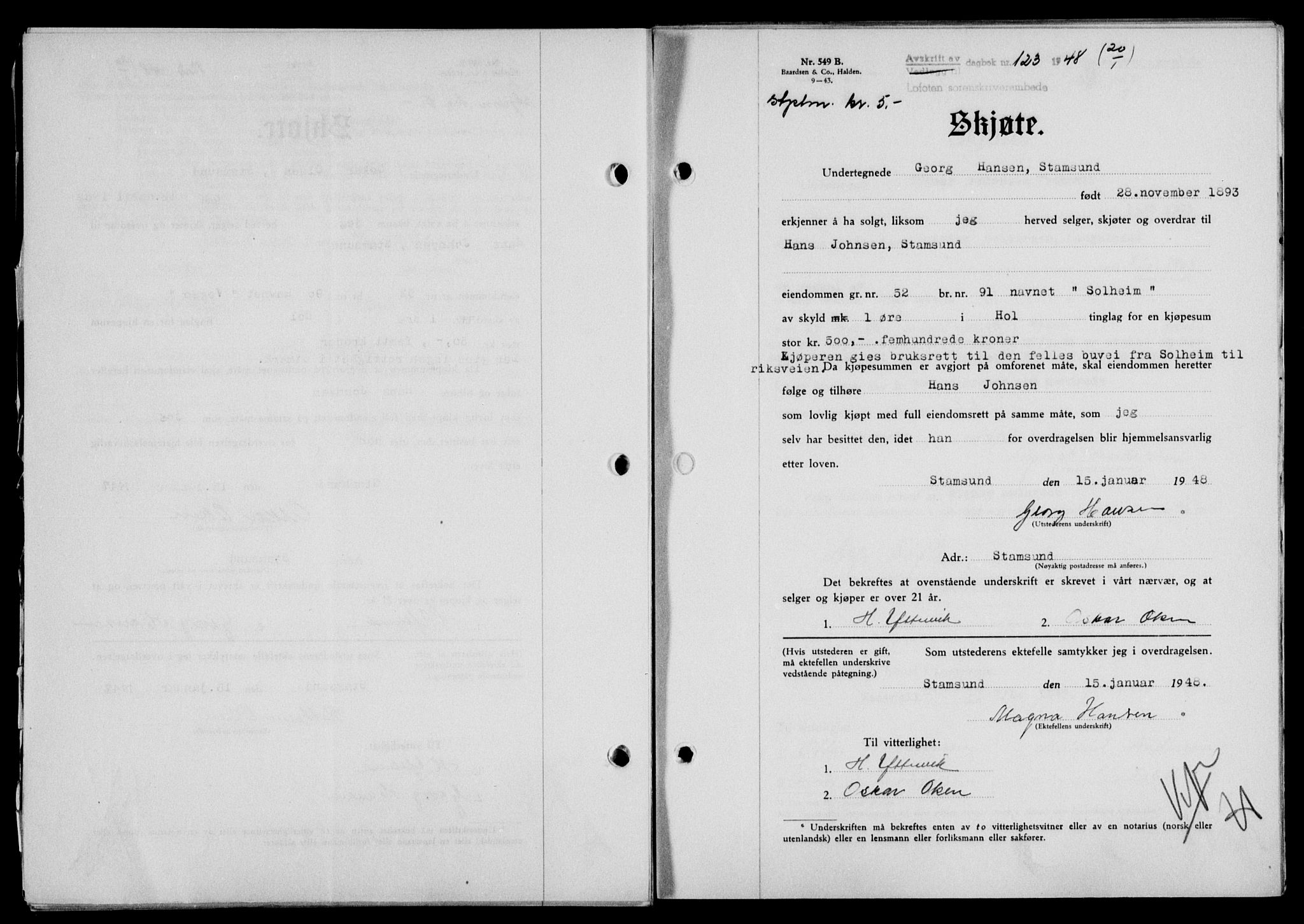 Lofoten sorenskriveri, SAT/A-0017/1/2/2C/L0017a: Mortgage book no. 17a, 1947-1948, Diary no: : 123/1948