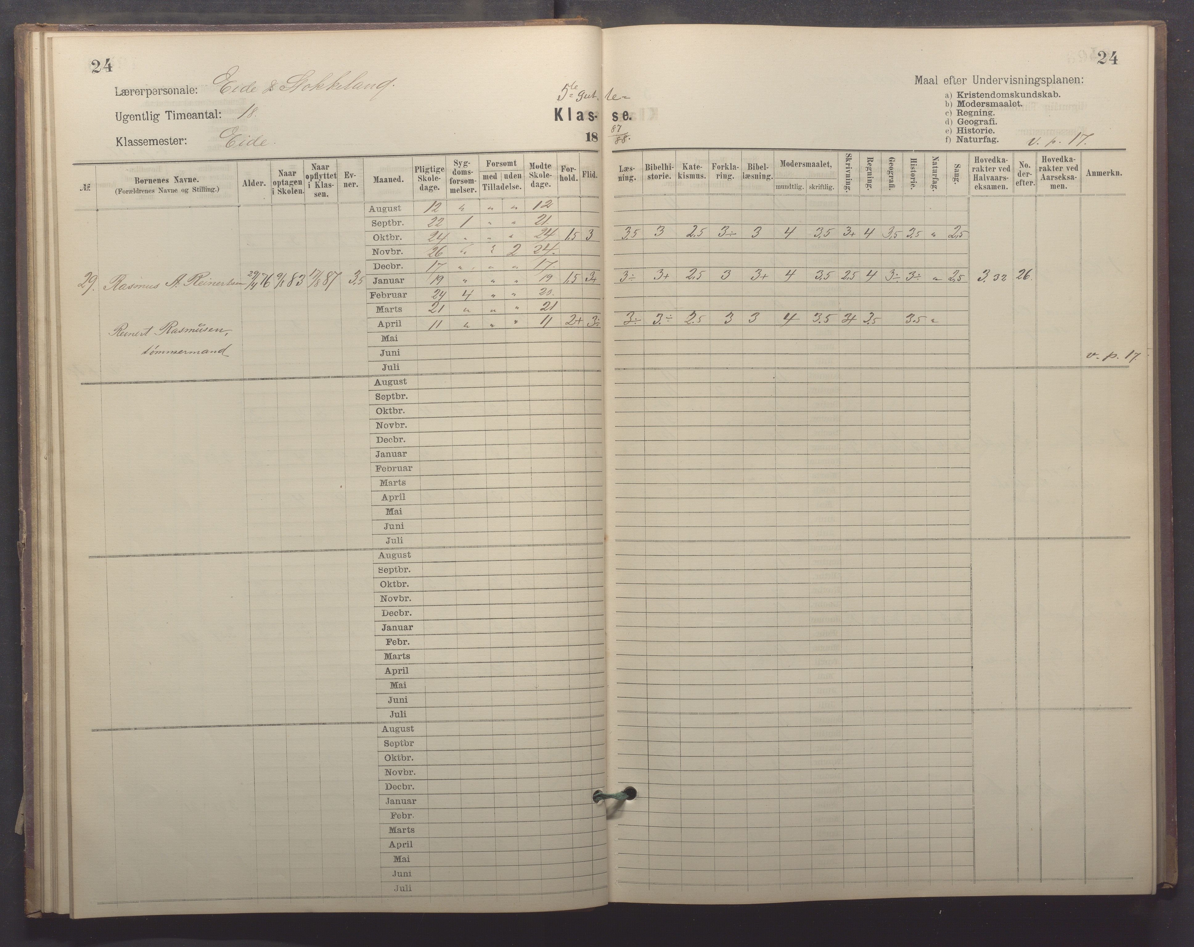 Egersund kommune (Ladested) - Egersund almueskole/folkeskole, IKAR/K-100521/H/L0022: Skoleprotokoll - Almueskolen, 5. klasse, 1886-1892, p. 24