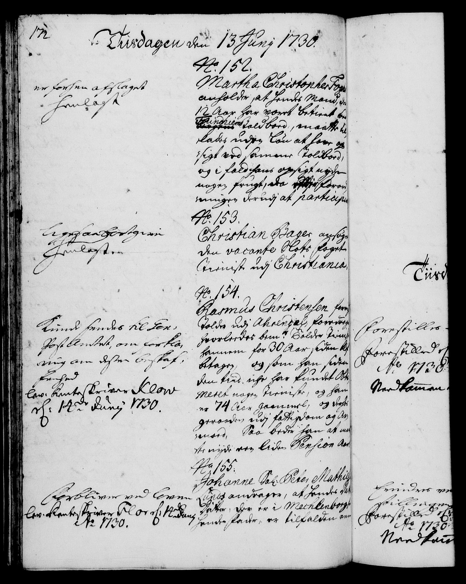 Rentekammeret, Kammerkanselliet, AV/RA-EA-3111/G/Gh/Gha/L0012: Norsk ekstraktmemorialprotokoll (merket RK 53.57), 1730, p. 172