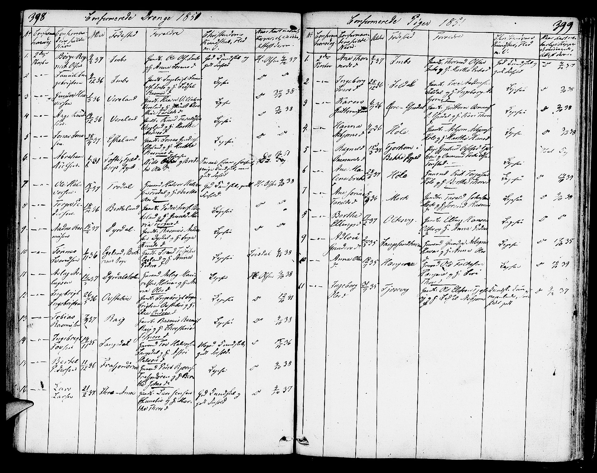 Strand sokneprestkontor, SAST/A-101828/H/Ha/Haa/L0005: Parish register (official) no. A 5, 1833-1854, p. 398-399