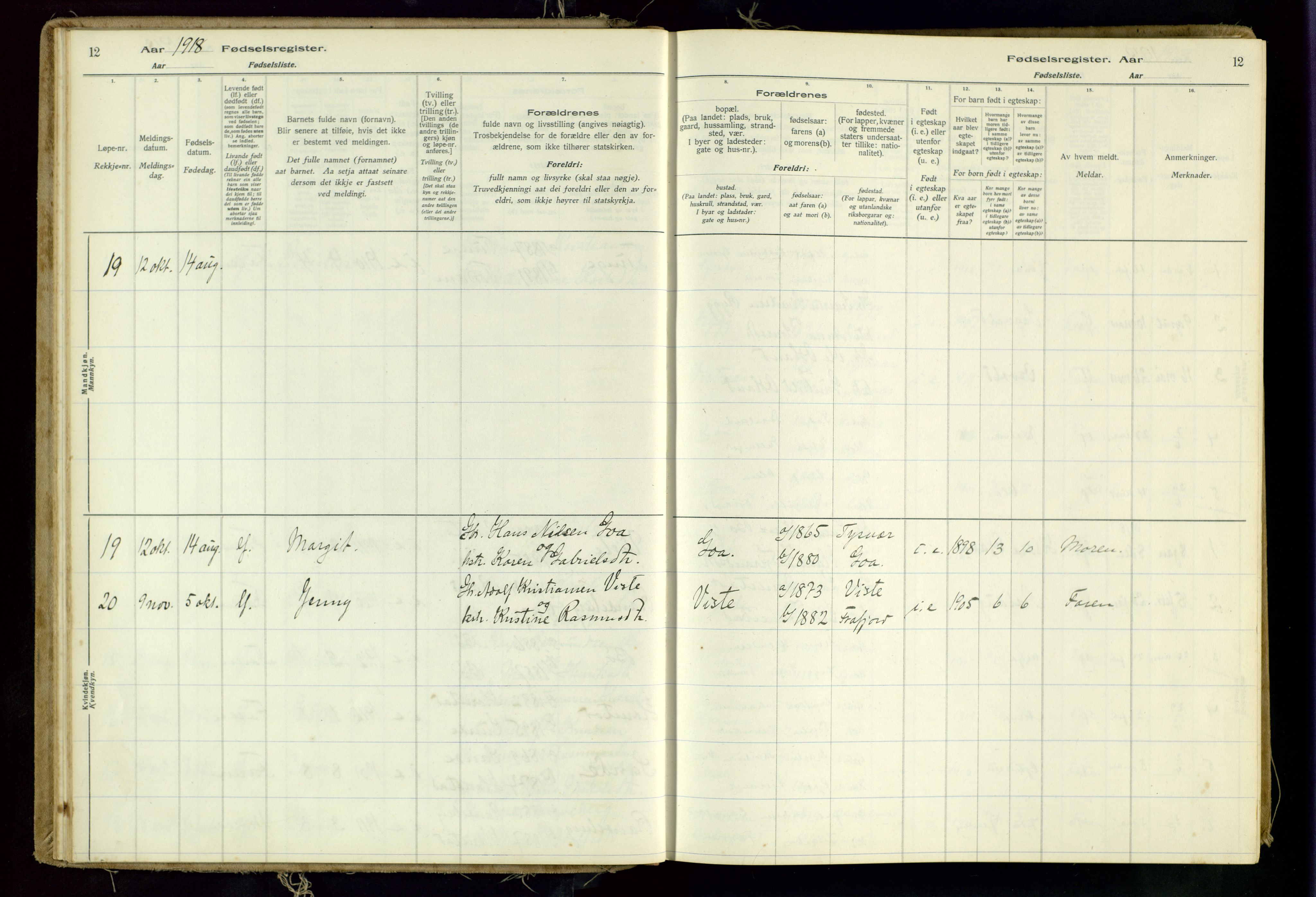 Hetland sokneprestkontor, AV/SAST-A-101826/70/704BA/L0001: Birth register no. 1, 1916-1954, p. 12