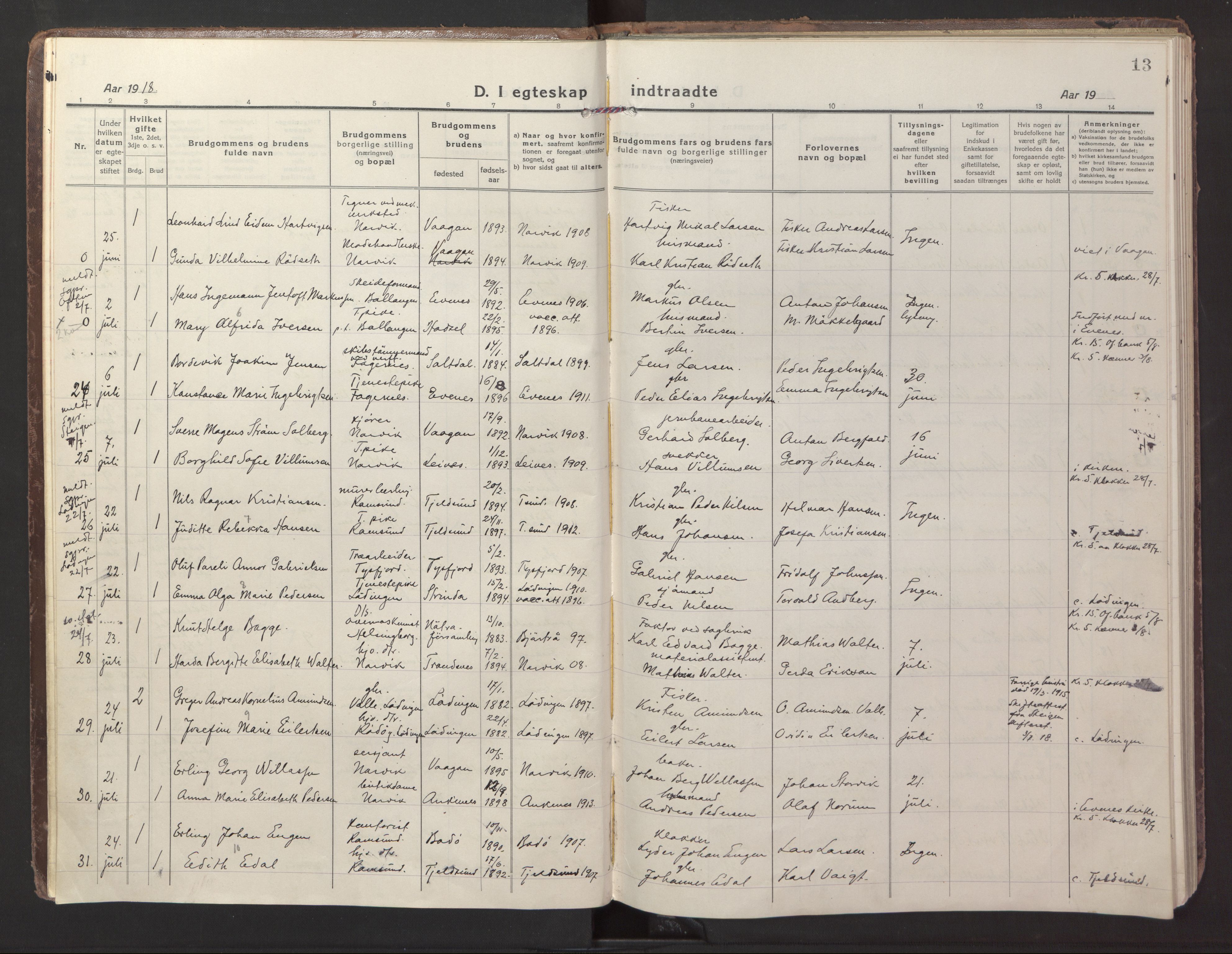 Ministerialprotokoller, klokkerbøker og fødselsregistre - Nordland, AV/SAT-A-1459/871/L1002: Parish register (official) no. 871A18, 1917-1926, p. 13