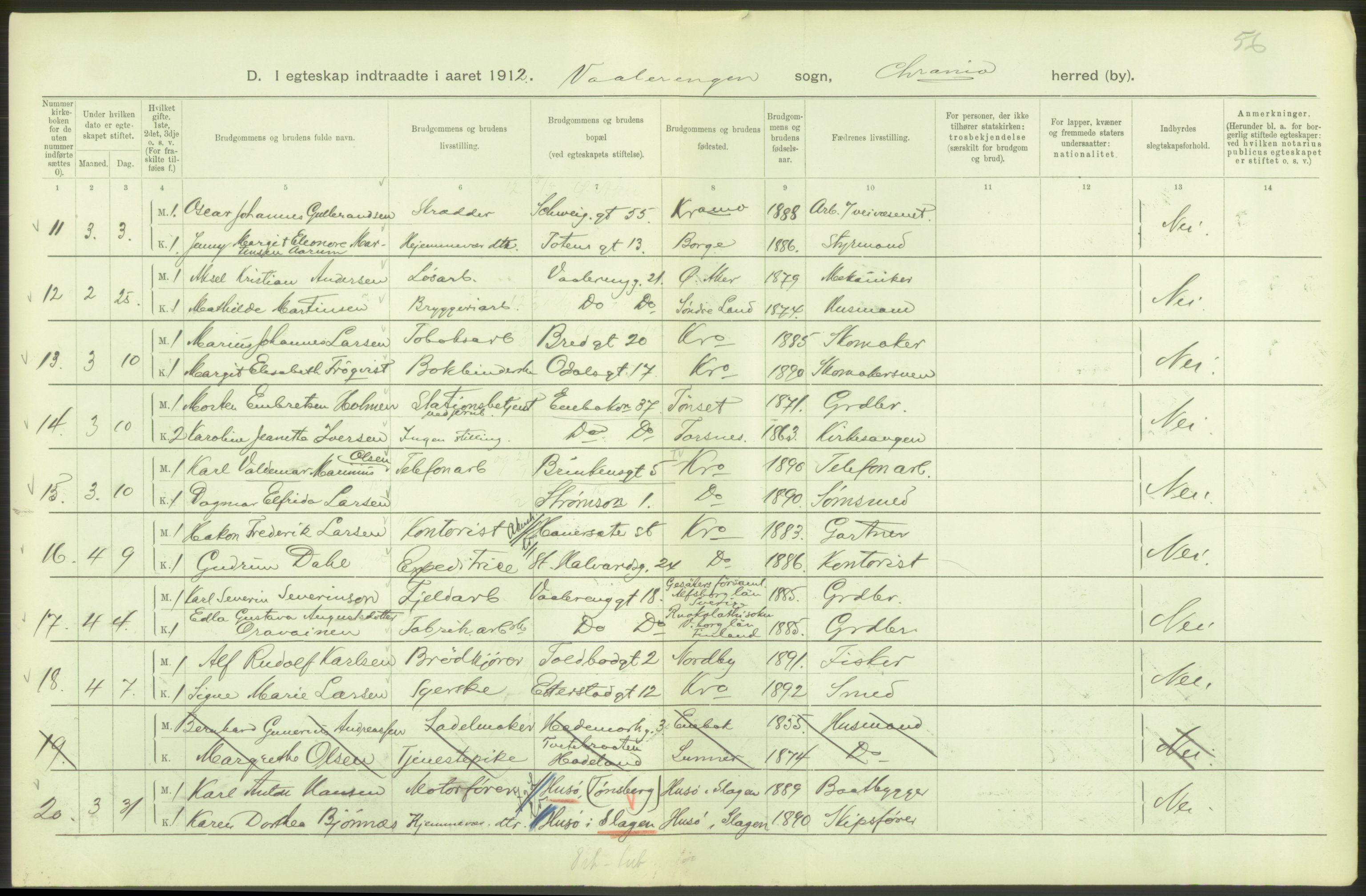 Statistisk sentralbyrå, Sosiodemografiske emner, Befolkning, RA/S-2228/D/Df/Dfb/Dfbb/L0008: Kristiania: Gifte, 1912, p. 136