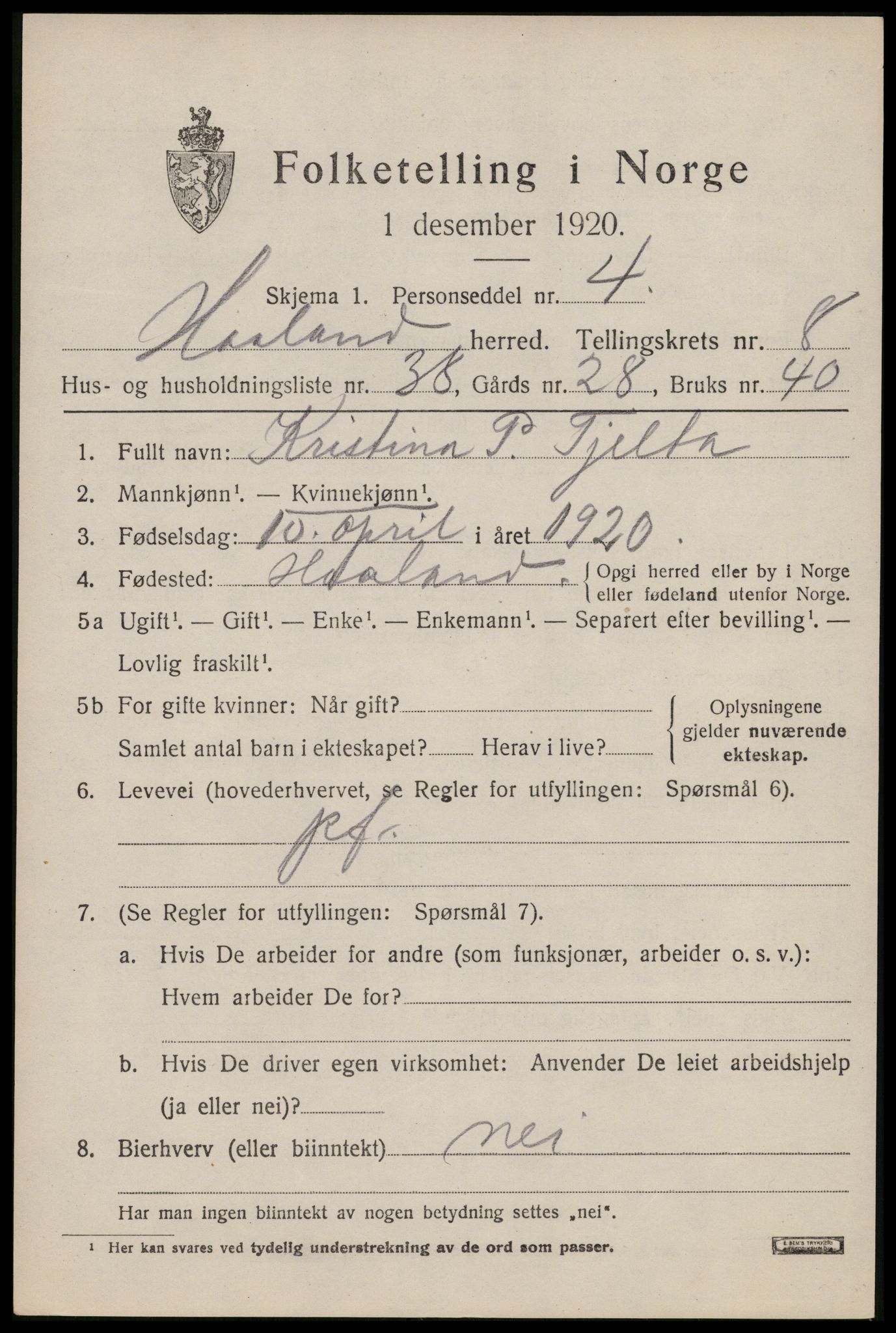 SAST, 1920 census for Håland, 1920, p. 6789