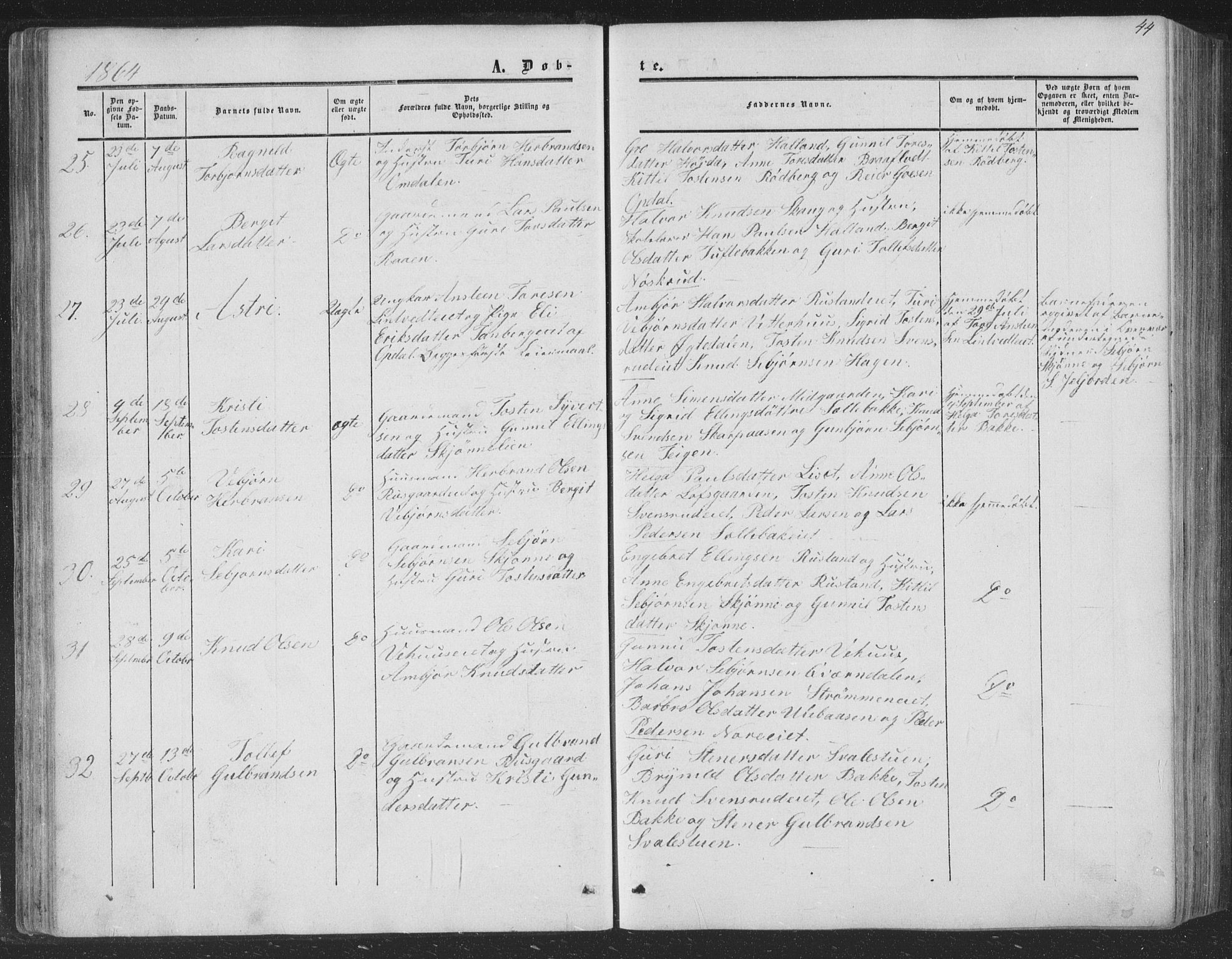 Nore kirkebøker, AV/SAKO-A-238/F/Fa/L0002: Parish register (official) no. I 2, 1856-1871, p. 44