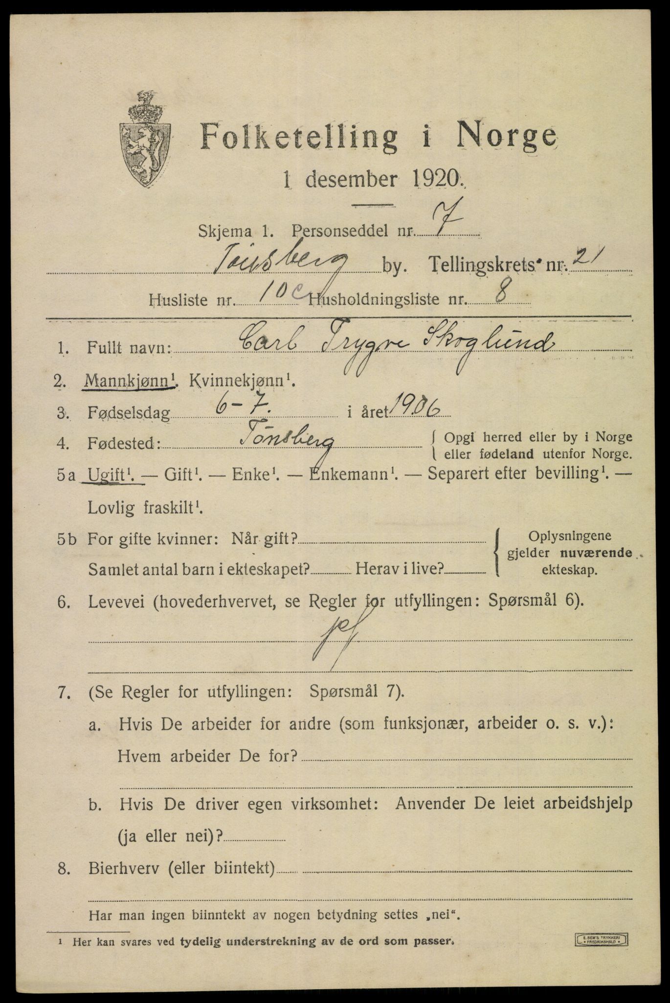 SAKO, 1920 census for Tønsberg, 1920, p. 30399