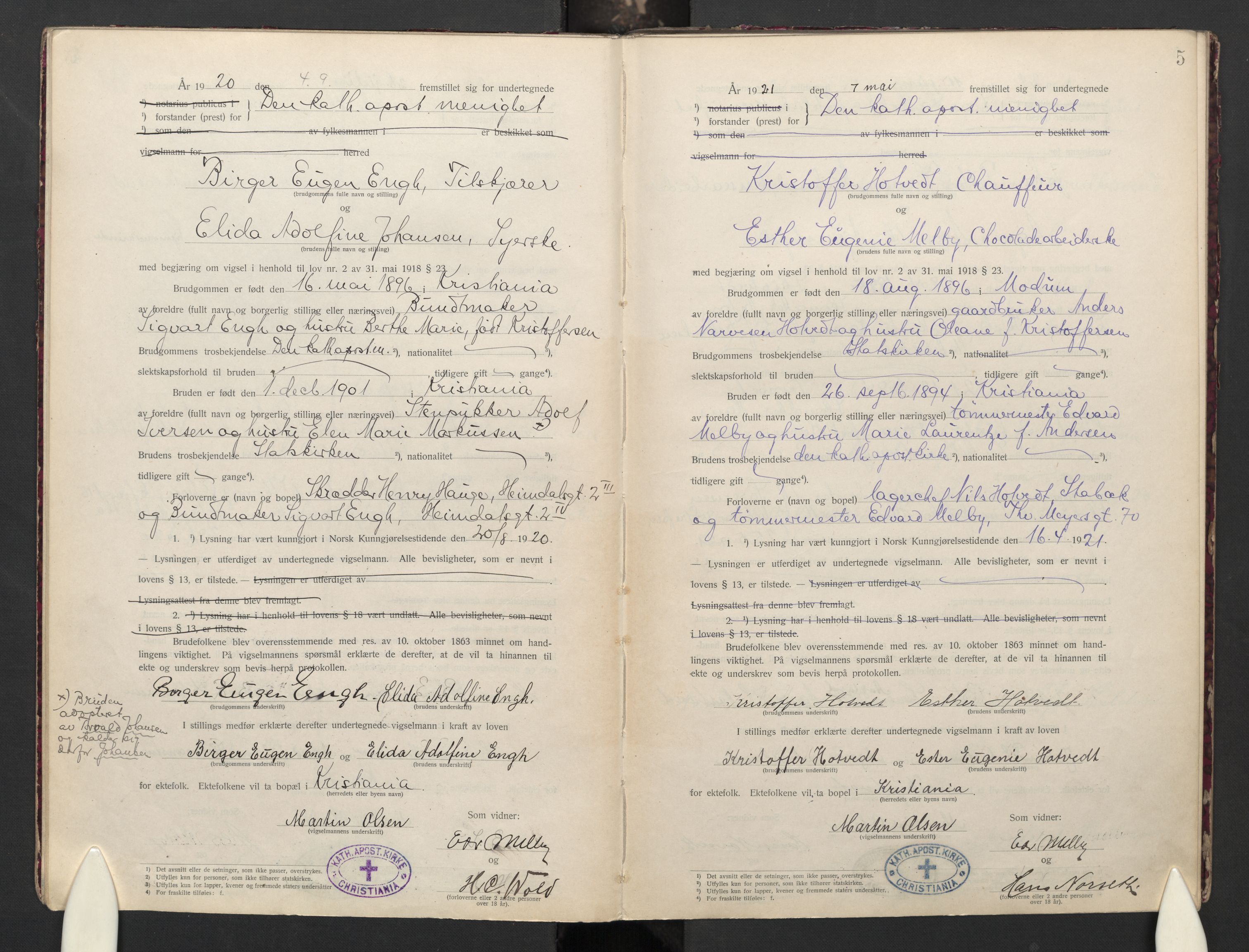 Den katolsk apostoliske menighet i Oslo , SAO/PAO-0214/F/Fb/L0004: Dissenter register no. 4, 1919-1947, p. 5