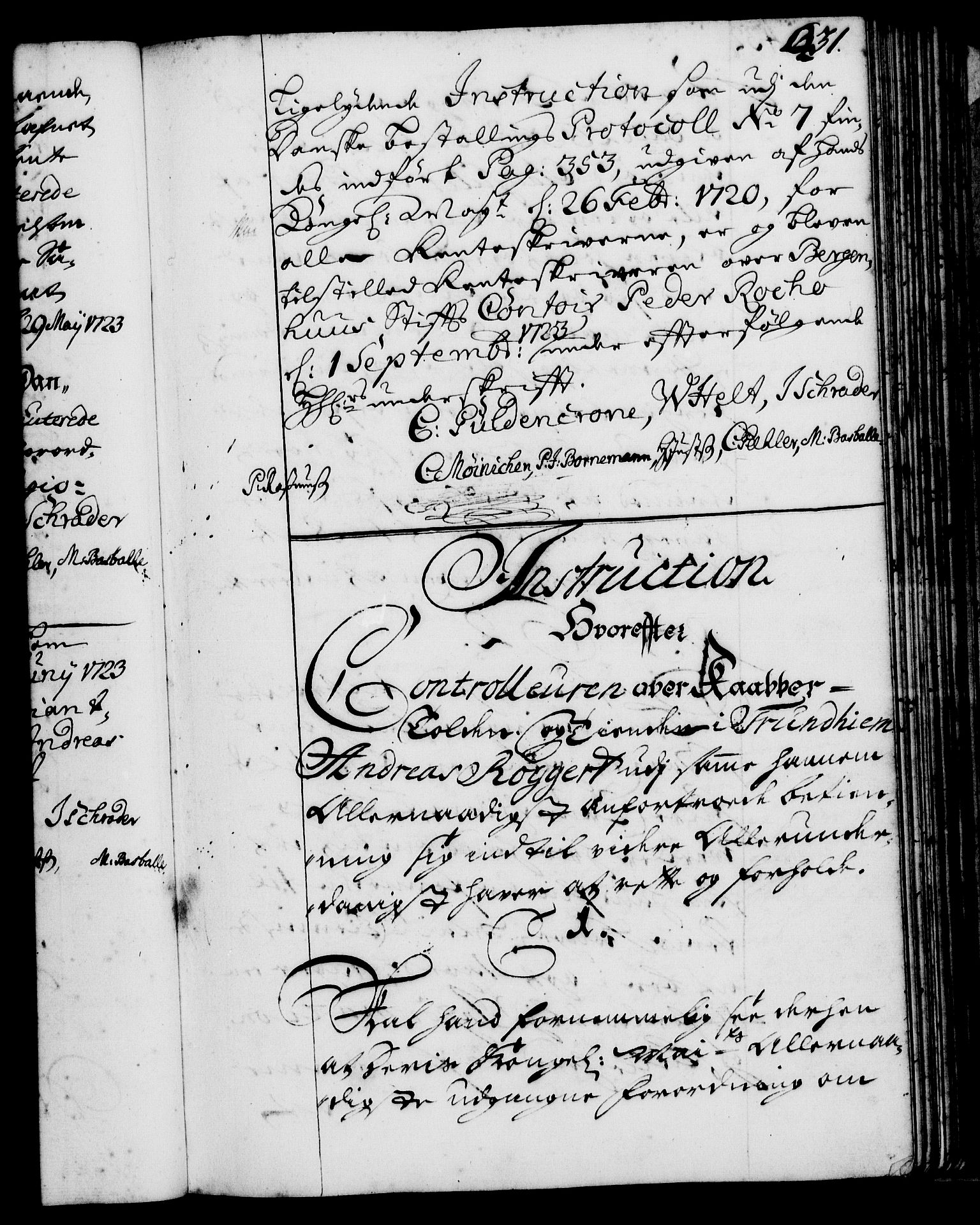 Rentekammeret, Kammerkanselliet, RA/EA-3111/G/Gg/Ggi/L0001: Norsk instruksjonsprotokoll med register (merket RK 53.34), 1720-1729, p. 431