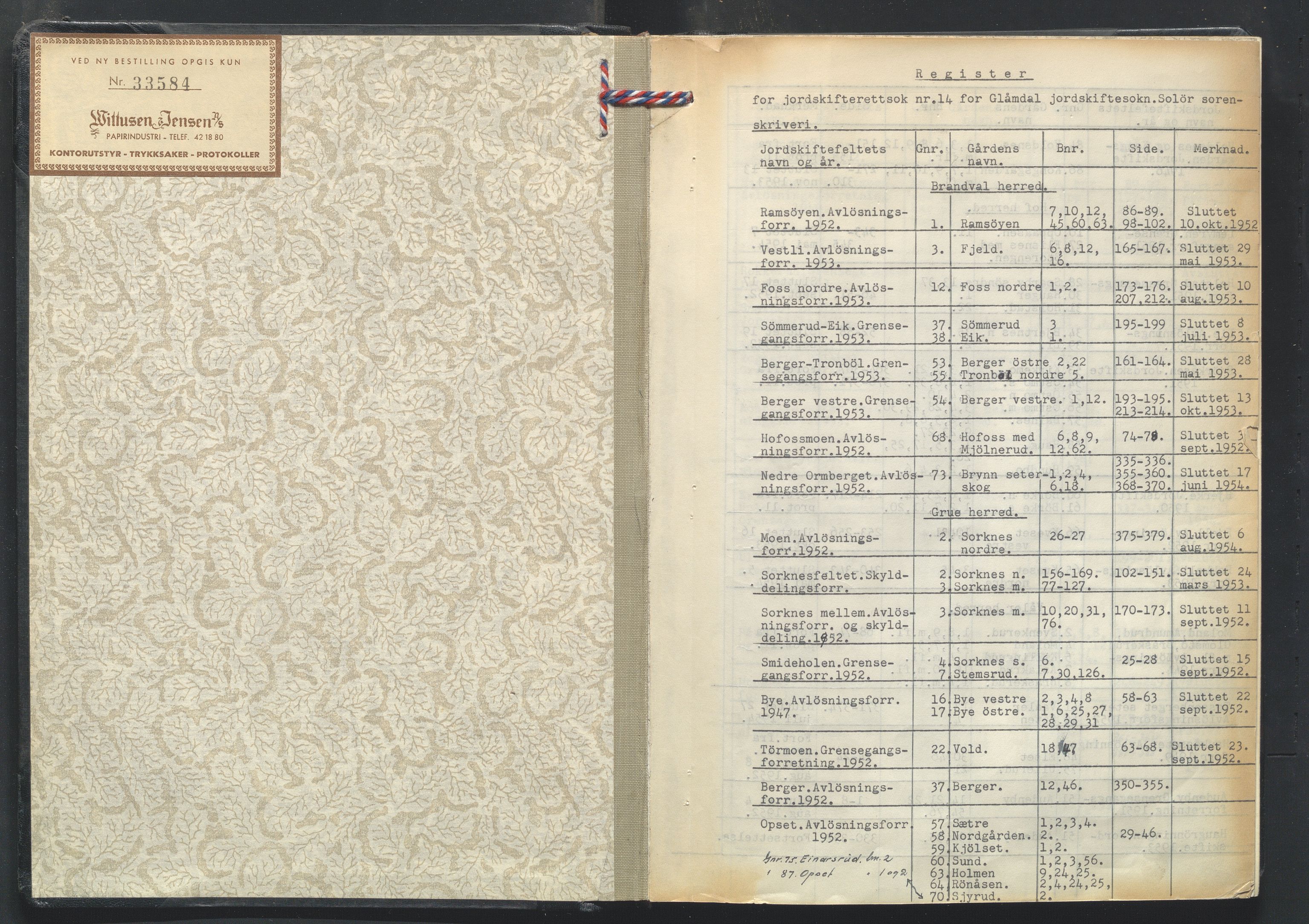 Glåmdal jordskifterett, AV/SAH-JORDSKIFTEH-003/G/Ga/L0009/0001: Rettsbøker / Rettsbok - nr. 14, 1952-1954