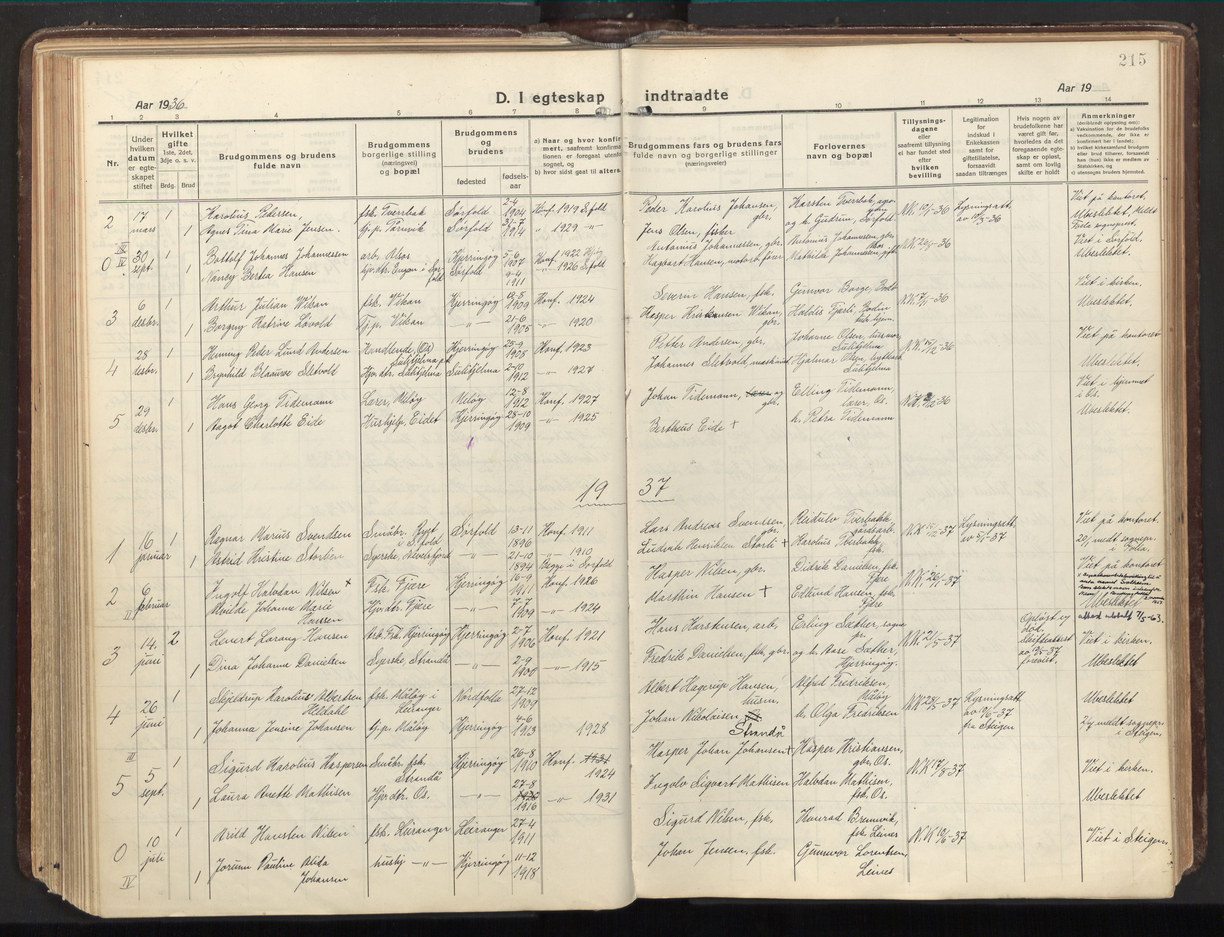 Ministerialprotokoller, klokkerbøker og fødselsregistre - Nordland, AV/SAT-A-1459/803/L0073: Parish register (official) no. 803A03, 1920-1955, p. 215