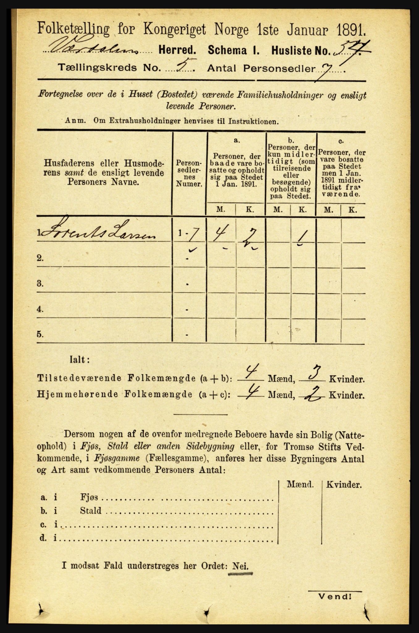 RA, 1891 census for 1721 Verdal, 1891, p. 2953