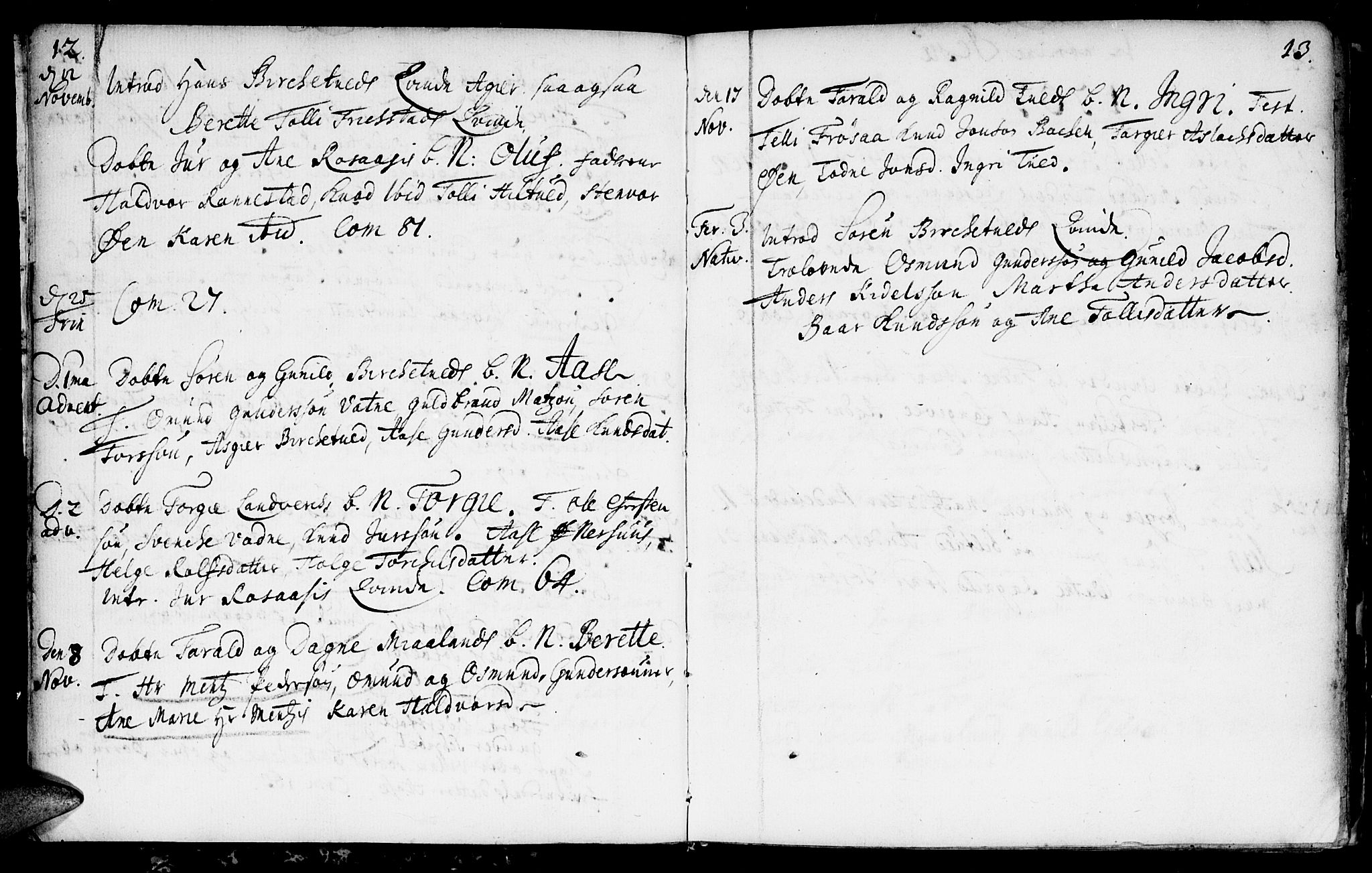 Evje sokneprestkontor, AV/SAK-1111-0008/F/Fa/Fac/L0001: Parish register (official) no. A 1, 1705-1764, p. 12-13