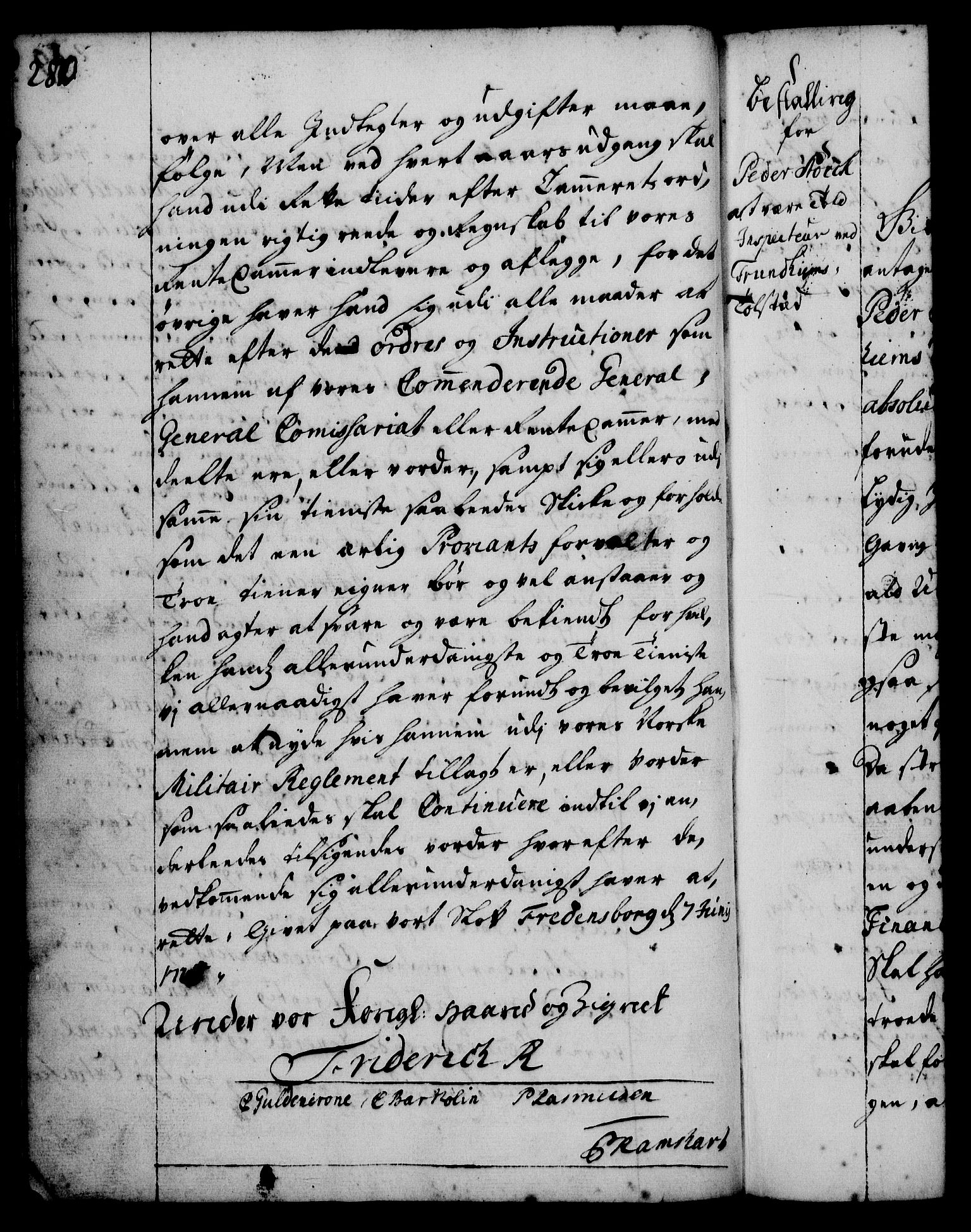 Rentekammeret, Kammerkanselliet, RA/EA-3111/G/Gg/Gge/L0001: Norsk bestallingsprotokoll med register (merket RK 53.25), 1720-1730, p. 280