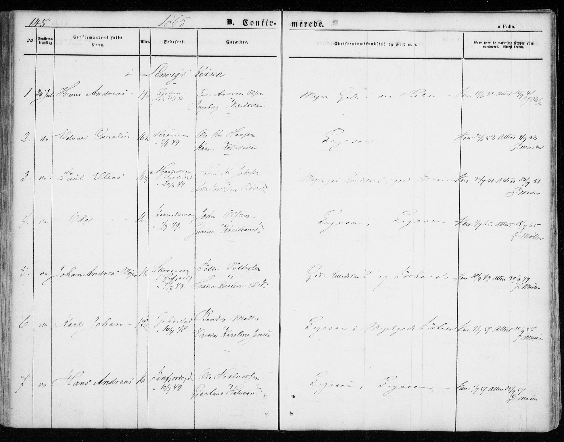 Lenvik sokneprestembete, SATØ/S-1310/H/Ha/Haa/L0007kirke: Parish register (official) no. 7, 1855-1865, p. 145