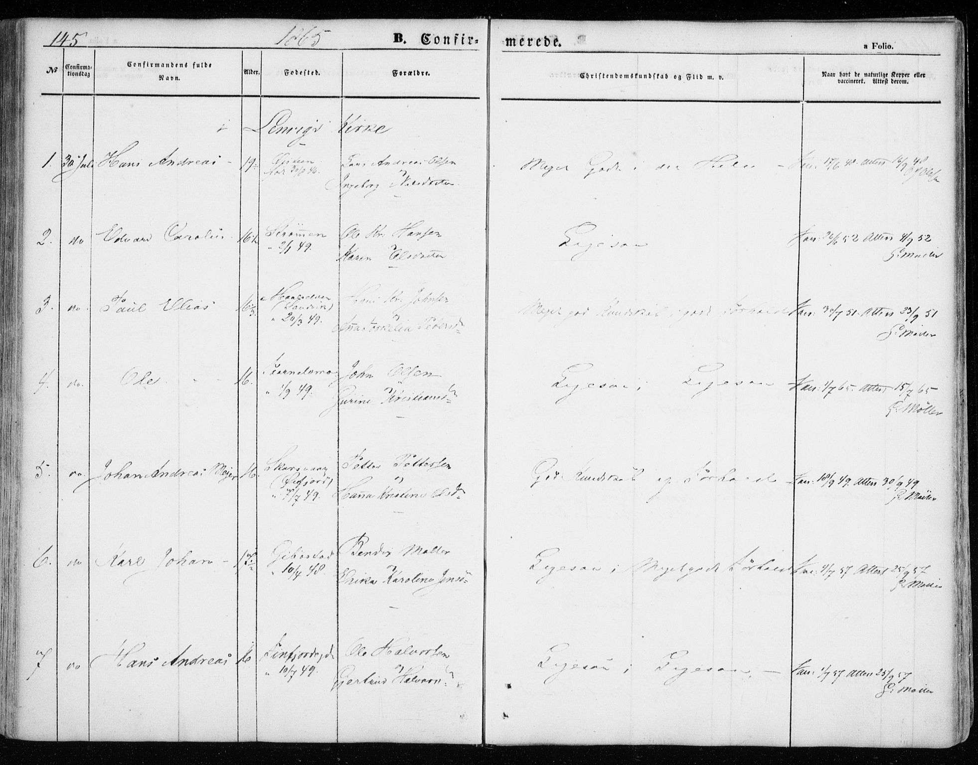 Lenvik sokneprestembete, AV/SATØ-S-1310/H/Ha/Haa/L0007kirke: Parish register (official) no. 7, 1855-1865, p. 145