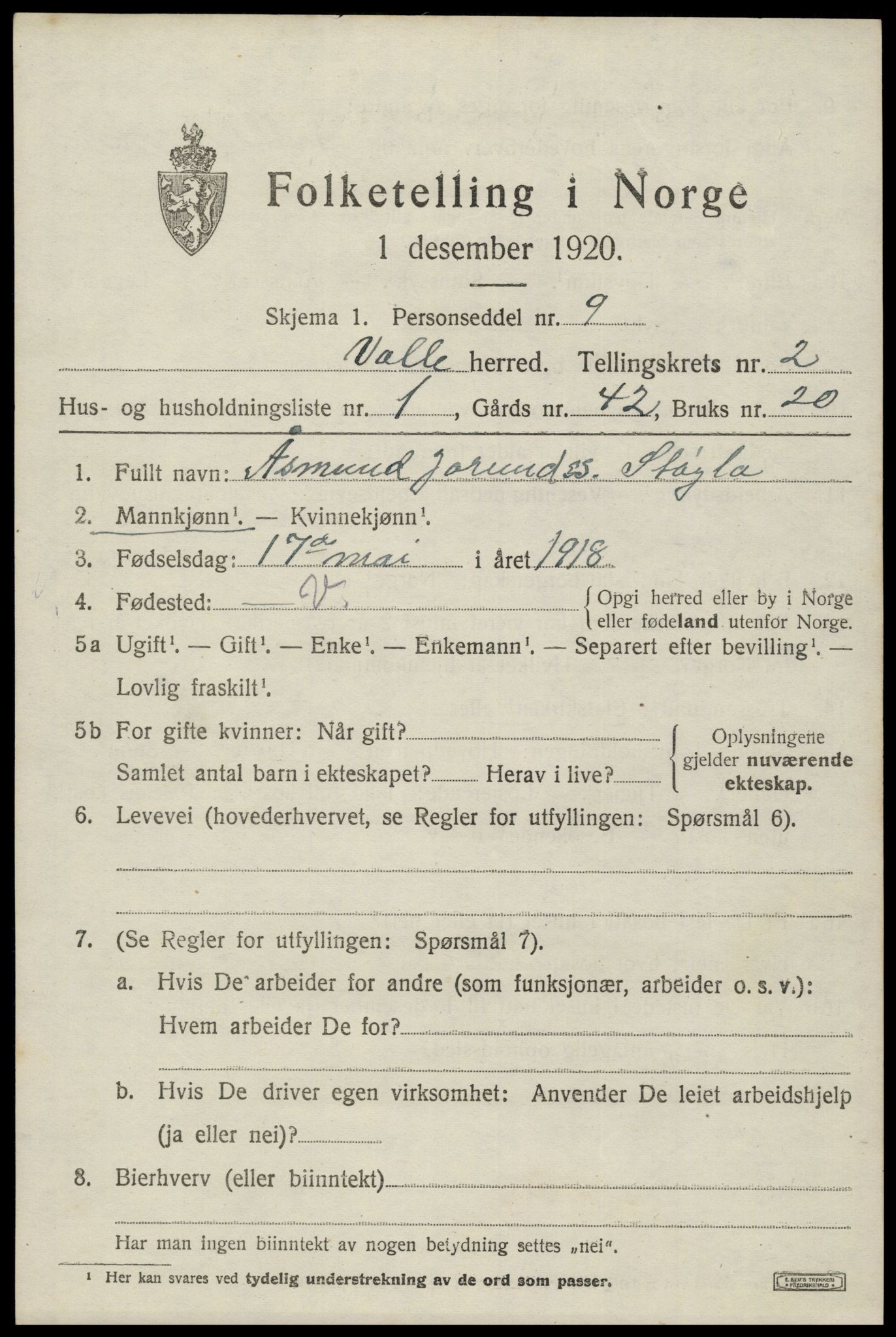 SAK, 1920 census for Valle, 1920, p. 969