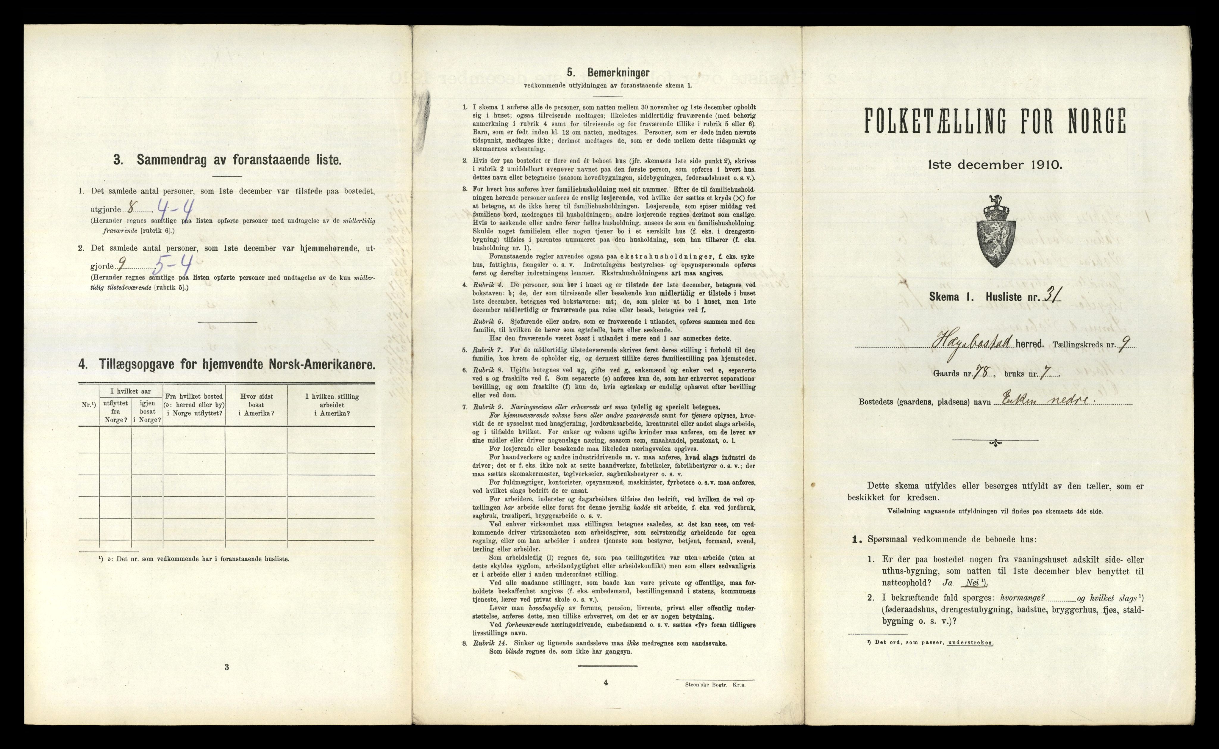 RA, 1910 census for Hægebostad, 1910, p. 767