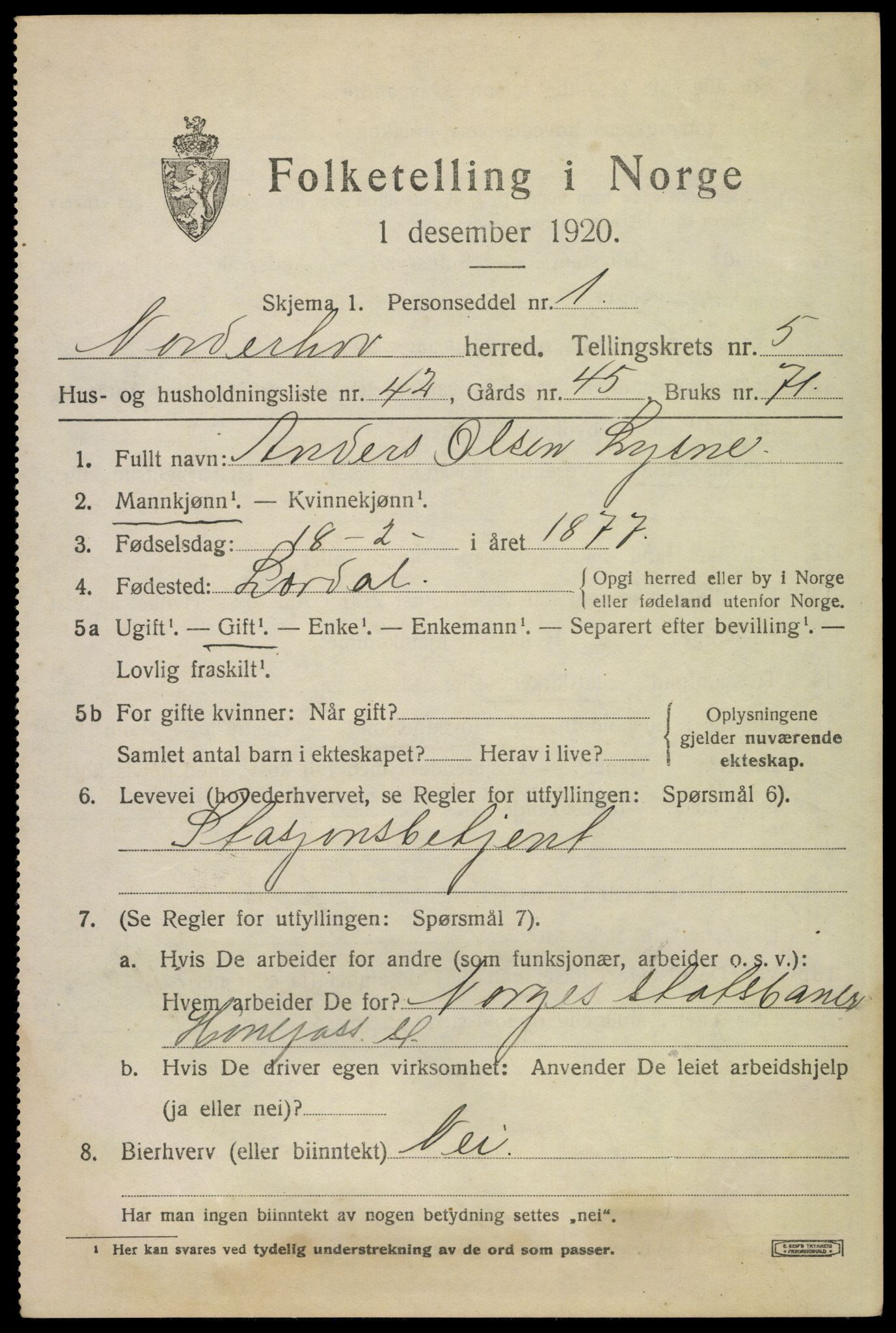 SAKO, 1920 census for Norderhov, 1920, p. 8199