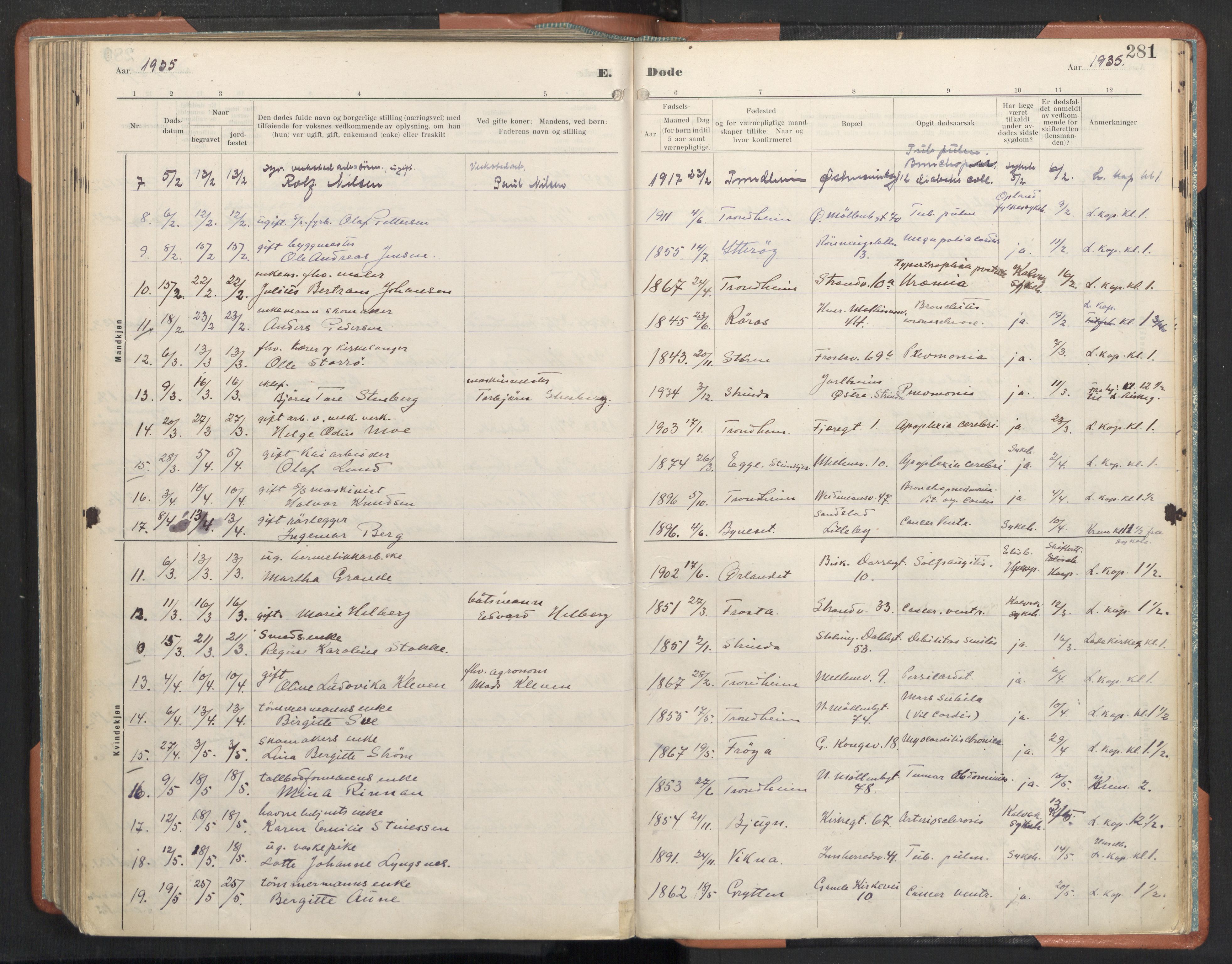 Ministerialprotokoller, klokkerbøker og fødselsregistre - Sør-Trøndelag, SAT/A-1456/605/L0245: Parish register (official) no. 605A07, 1916-1938, p. 281